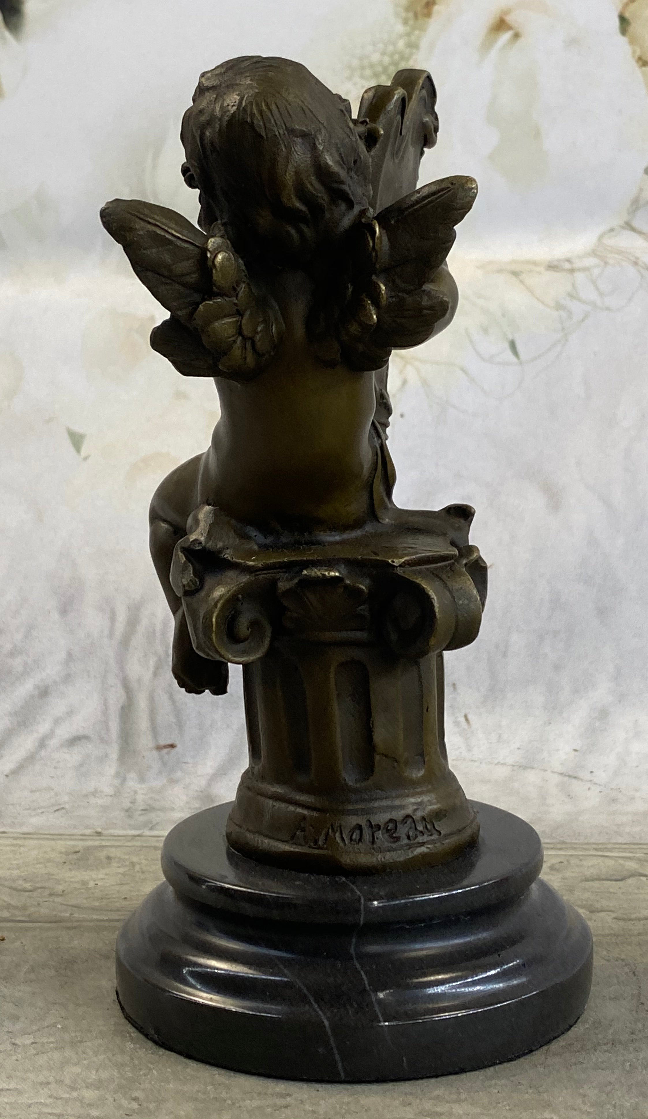 Bronze Cherub Playing Harp Sculpture Moreau 8" x 5"