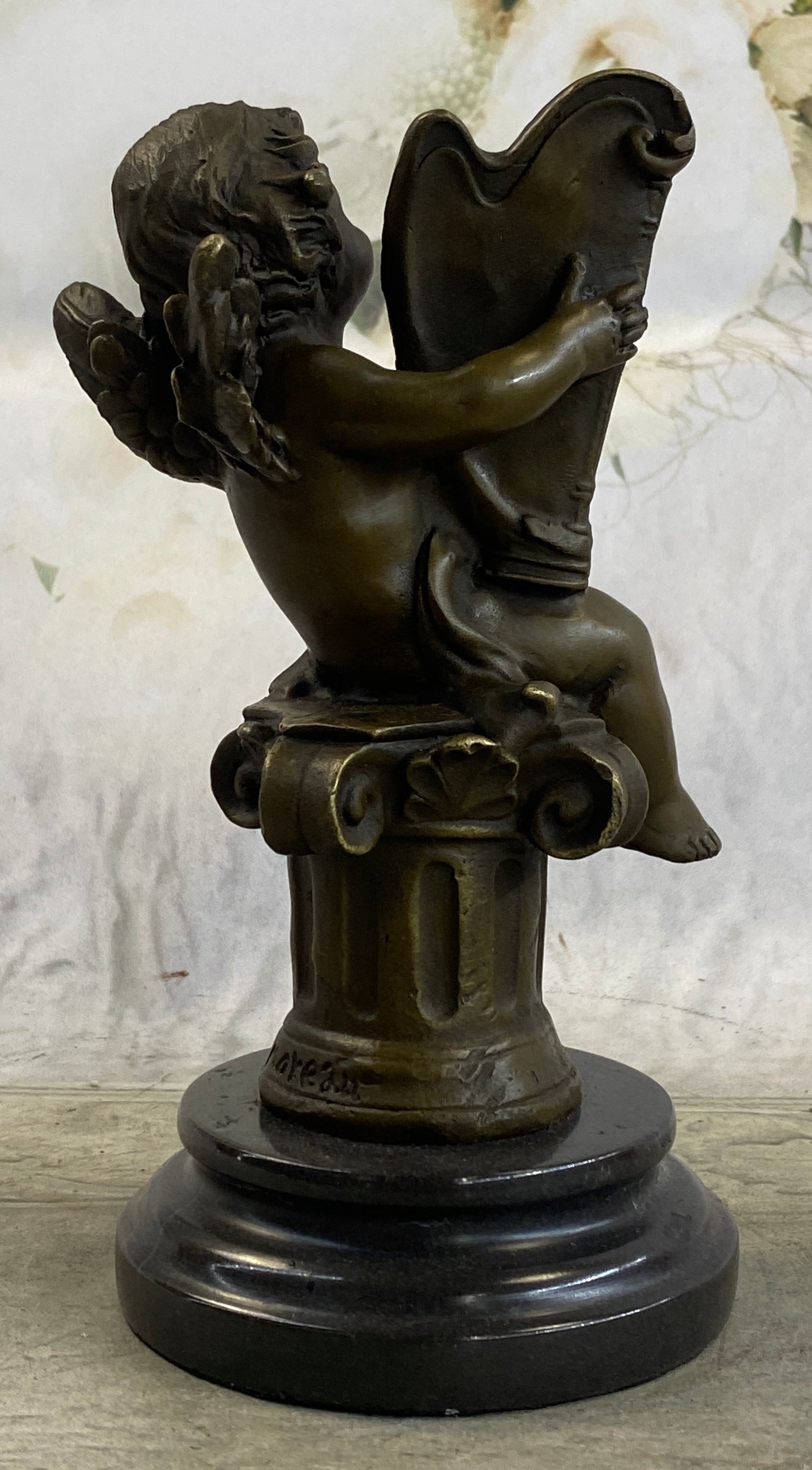Bronze Cherub Playing Harp Sculpture Moreau 8" x 5"