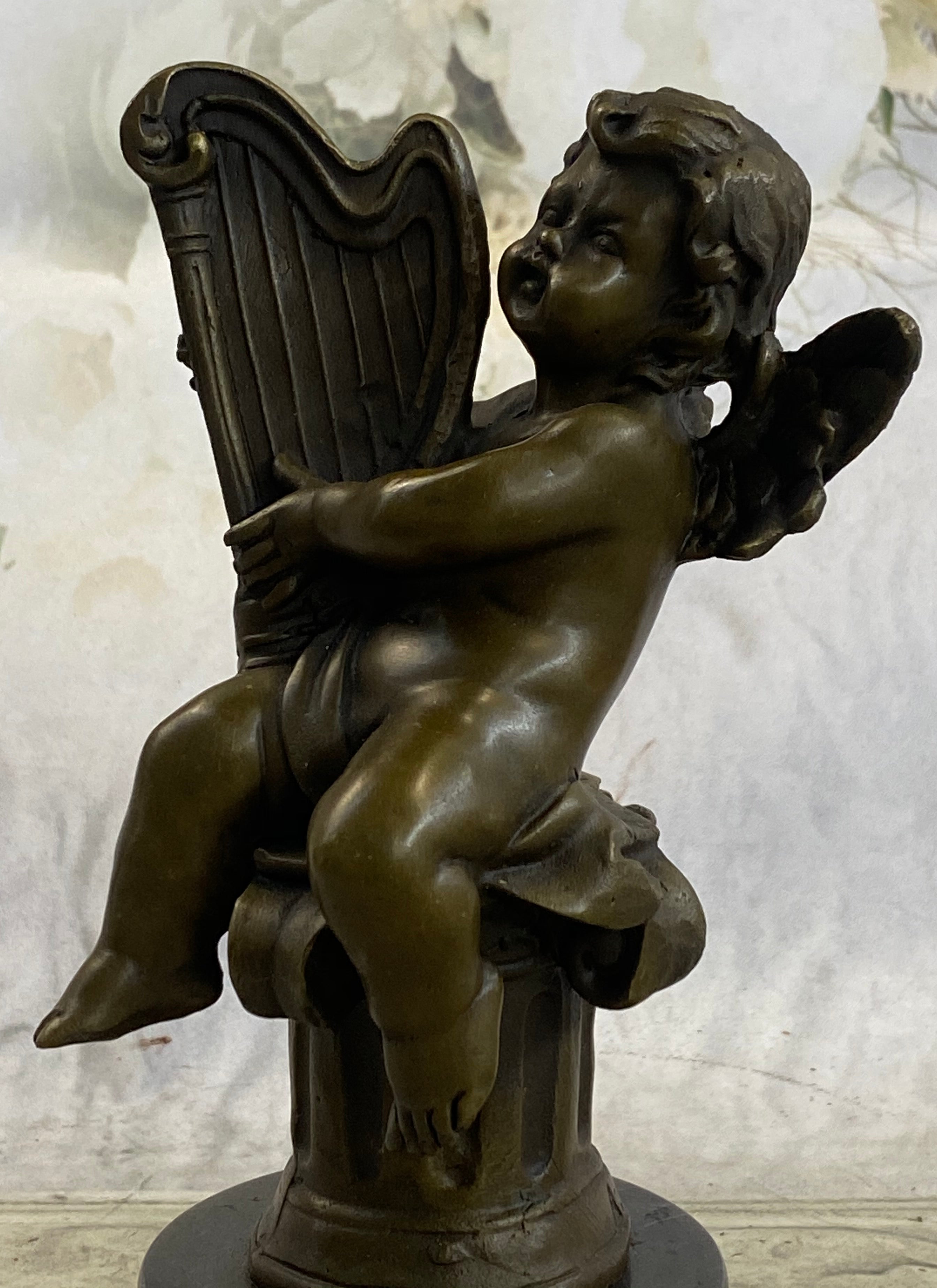 Bronze Cherub Playing Harp Sculpture Moreau 8" x 5"