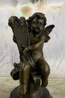 Bronze Cherub Playing Harp Sculpture Moreau 8" x 5"