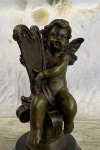 Bronze Cherub Playing Harp Sculpture Moreau 8" x 5"