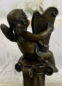 Bronze Cherub Playing Harp Sculpture Moreau 8" x 5"