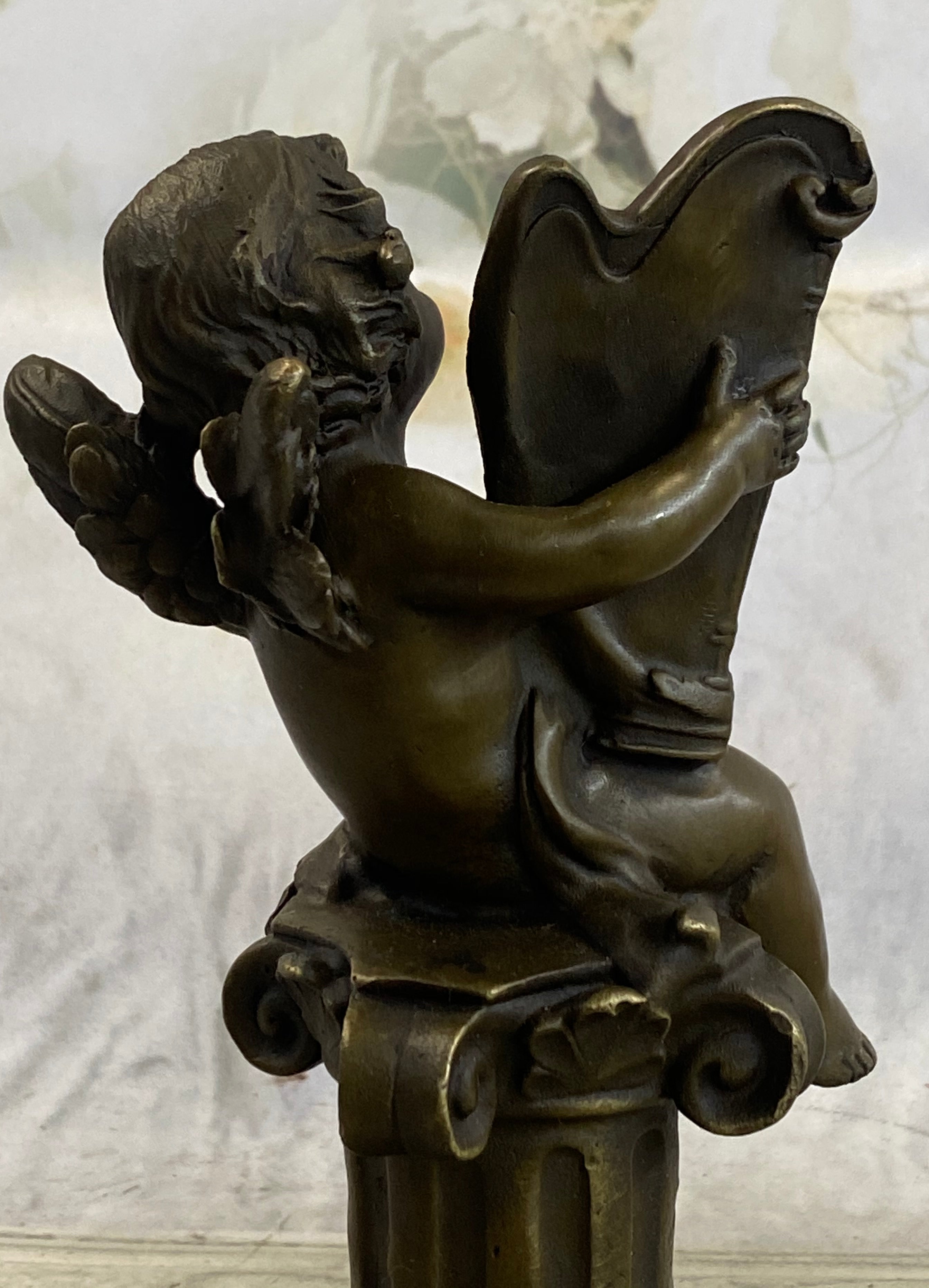 Bronze Cherub Playing Harp Sculpture Moreau 8" x 5"