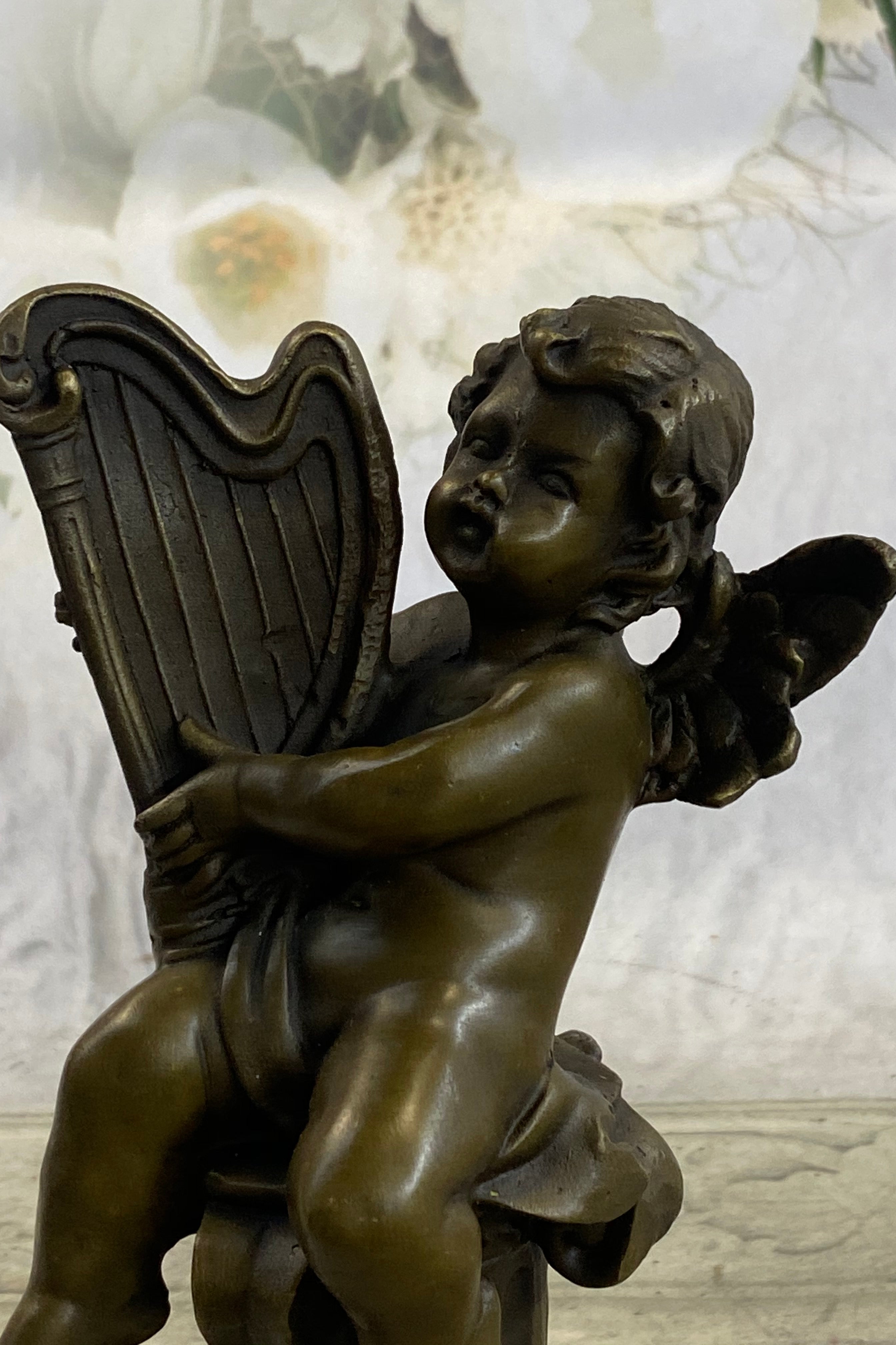 Bronze Cherub Playing Harp Sculpture Moreau 8" x 5"