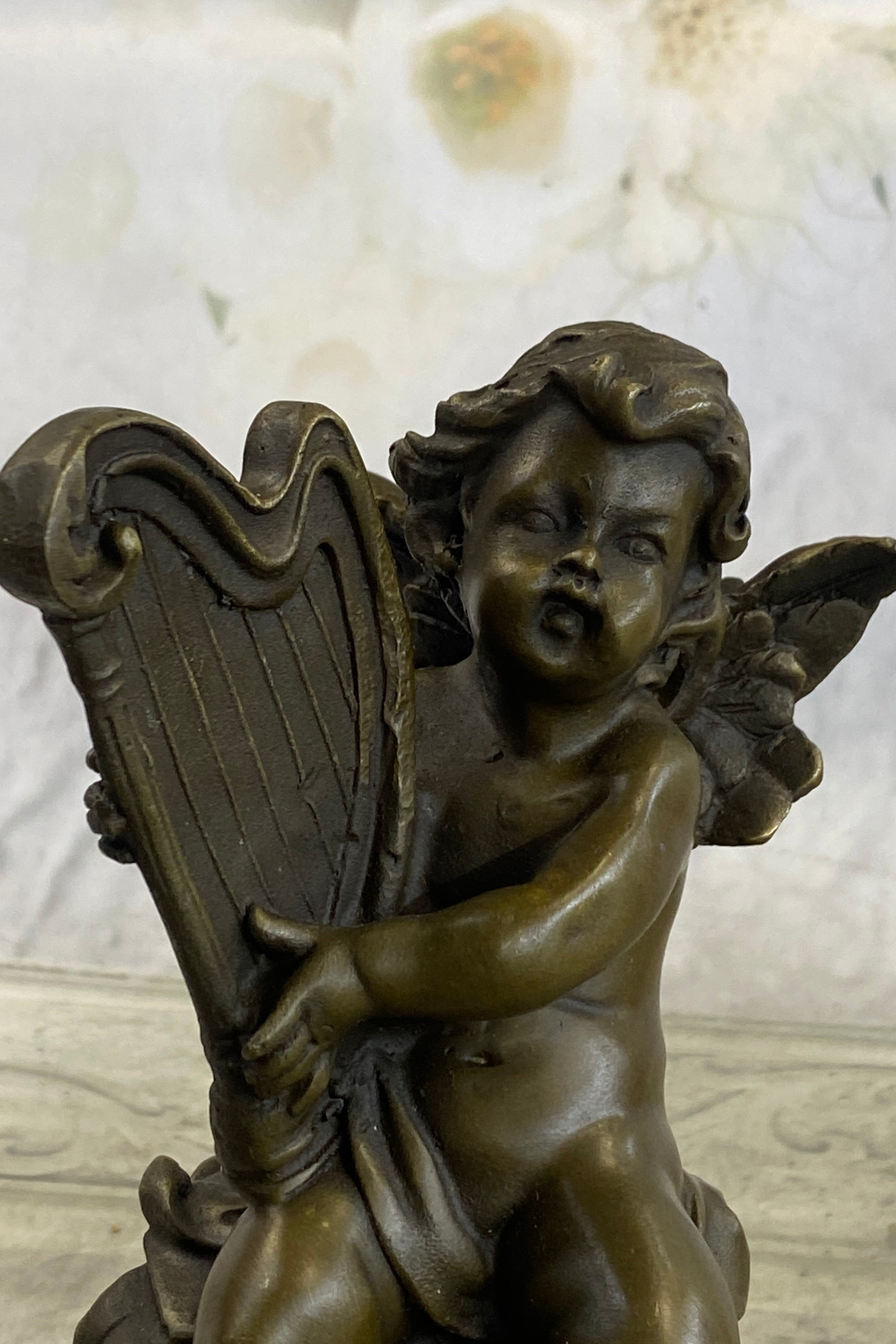 Bronze Cherub Playing Harp Sculpture Moreau 8" x 5"