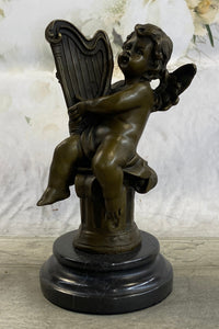 Bronze Cherub Playing Harp Sculpture Moreau 8" x 5"