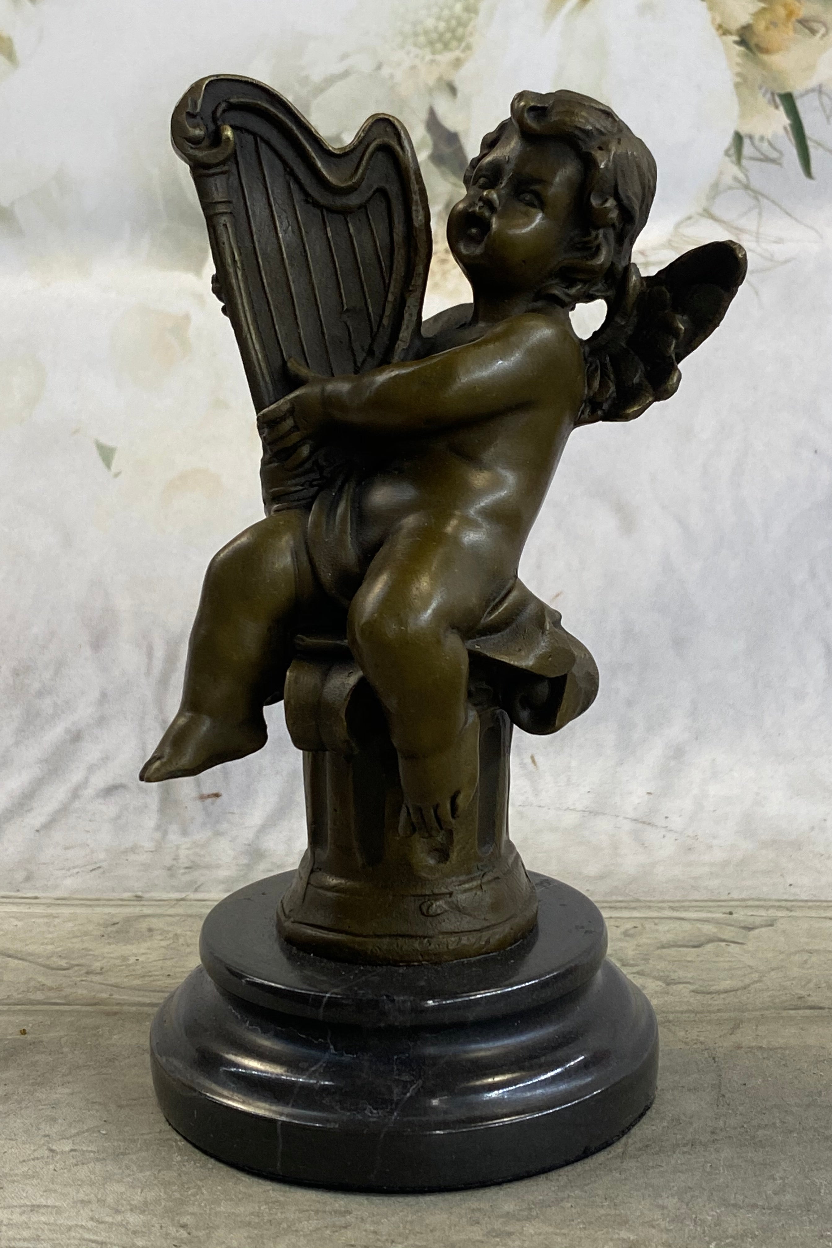 Bronze Cherub Playing Harp Sculpture Moreau 8" x 5"