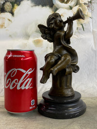Cherub Boy Playing Trumpet Bugle Bronze Moreau 8" x 5"