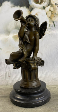 Cherub Boy Playing Trumpet Bugle Bronze Moreau 8" x 5"