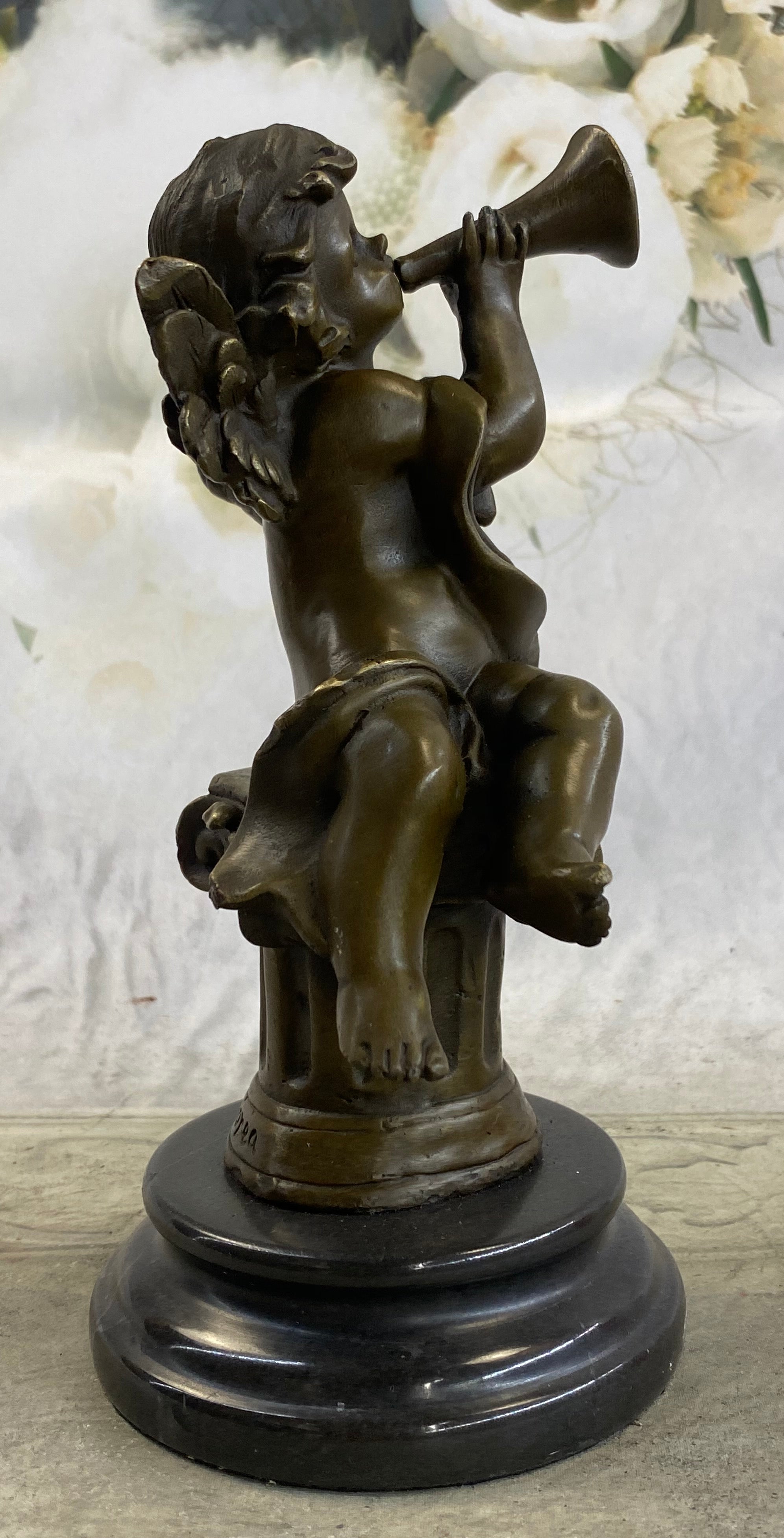 Cherub Boy Playing Trumpet Bugle Bronze Moreau 8" x 5"