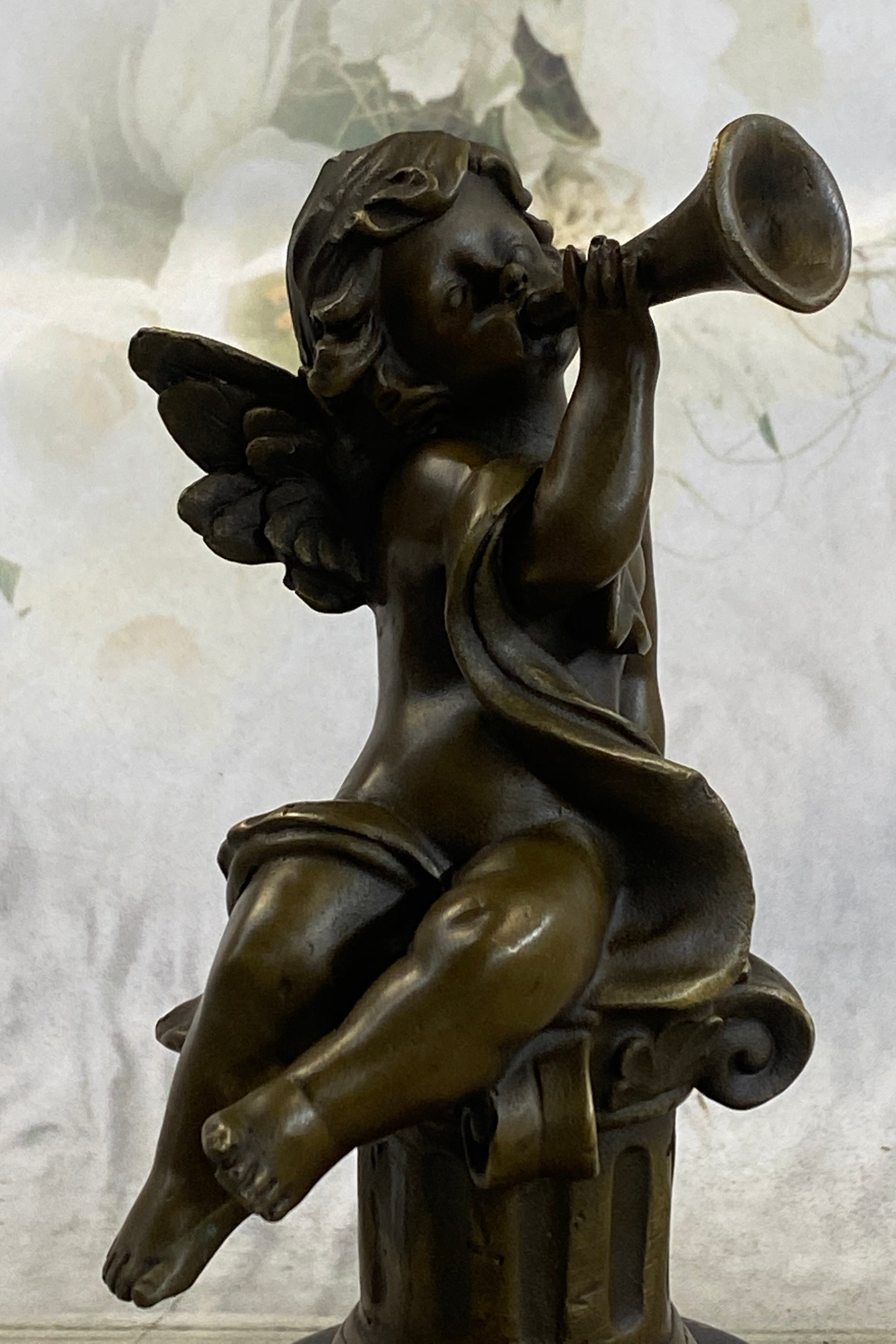 Cherub Boy Playing Trumpet Bugle Bronze Moreau 8" x 5"