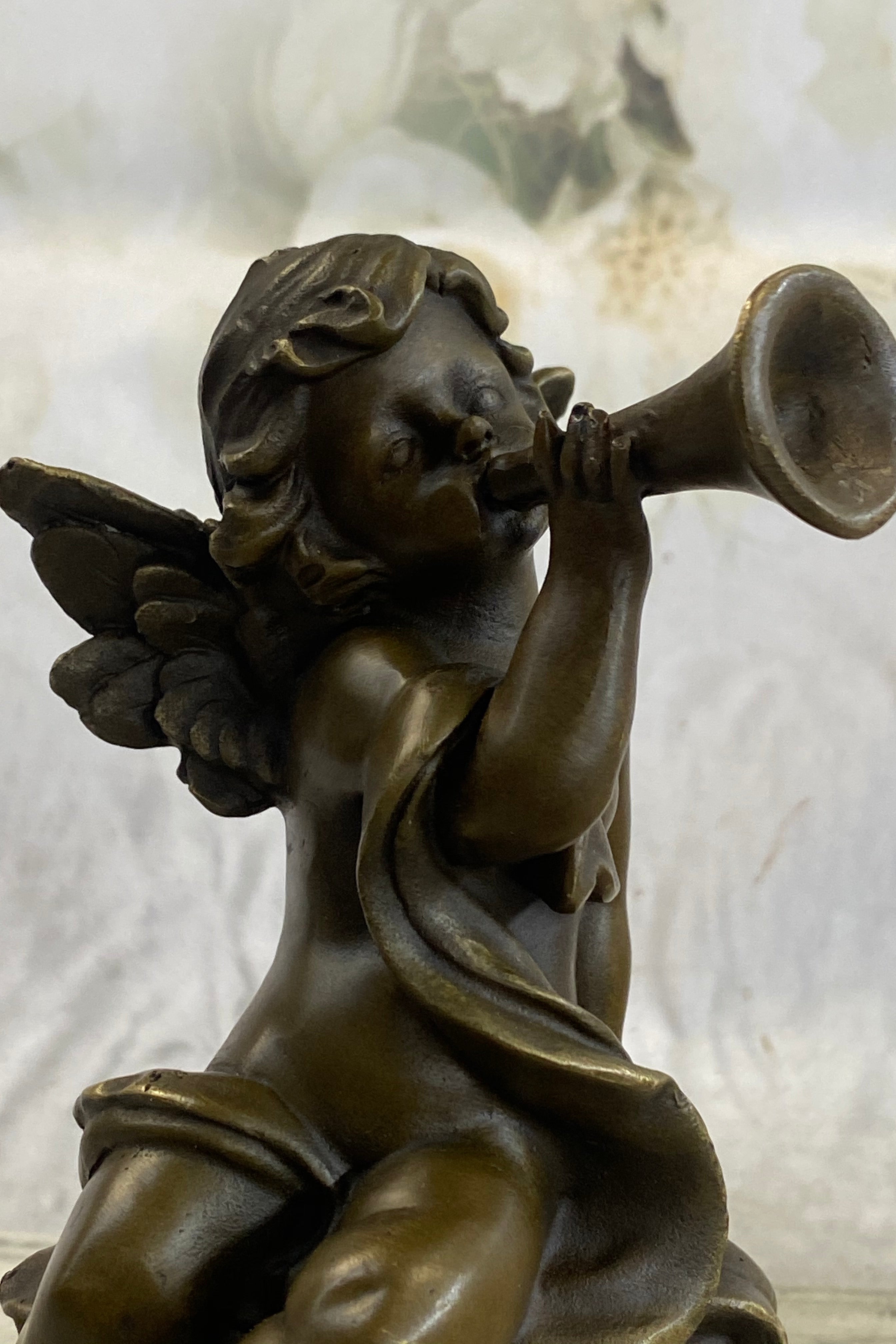 Cherub Boy Playing Trumpet Bugle Bronze Moreau 8" x 5"