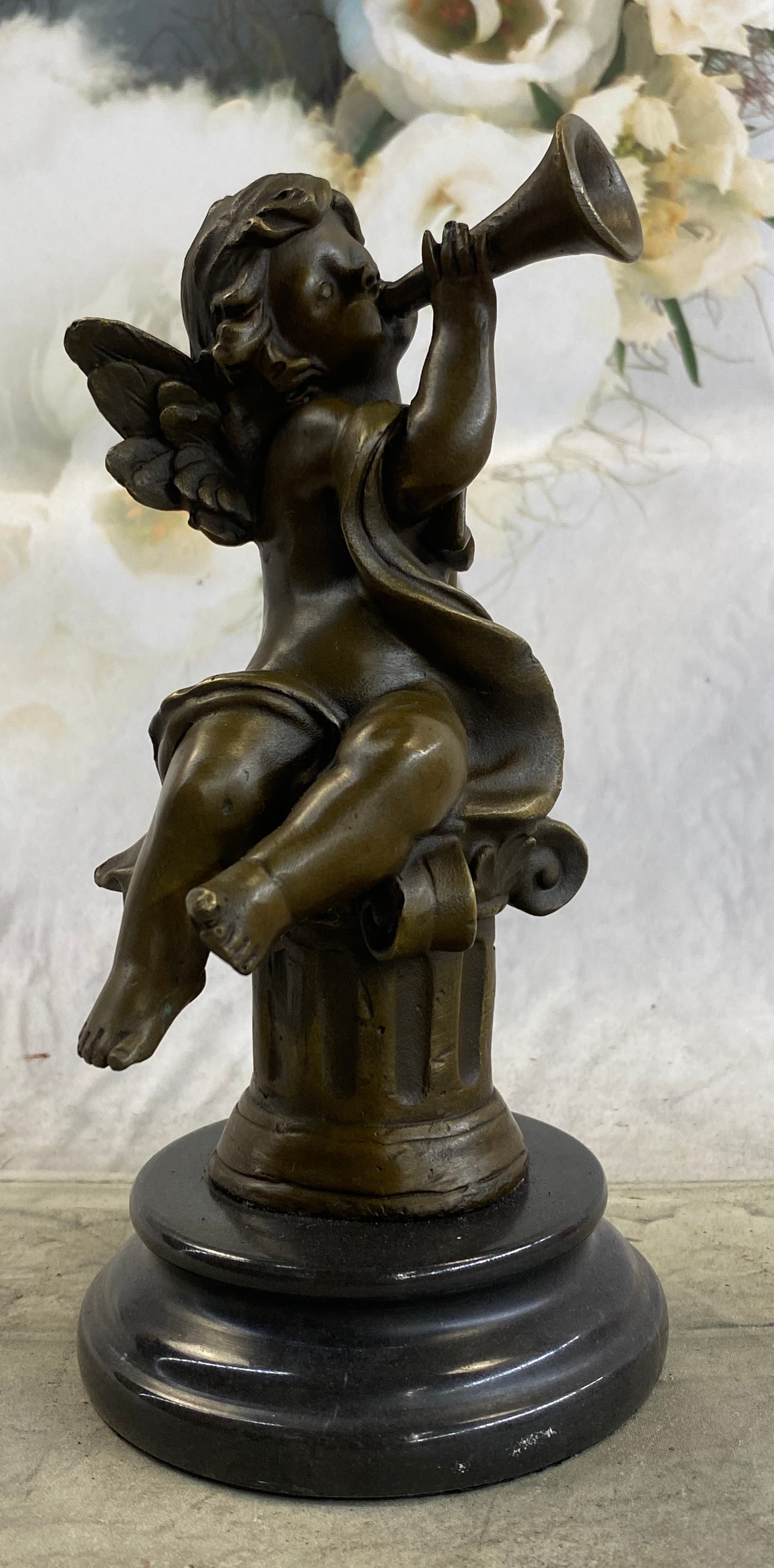 Cherub Boy Playing Trumpet Bugle Bronze Moreau 8" x 5"