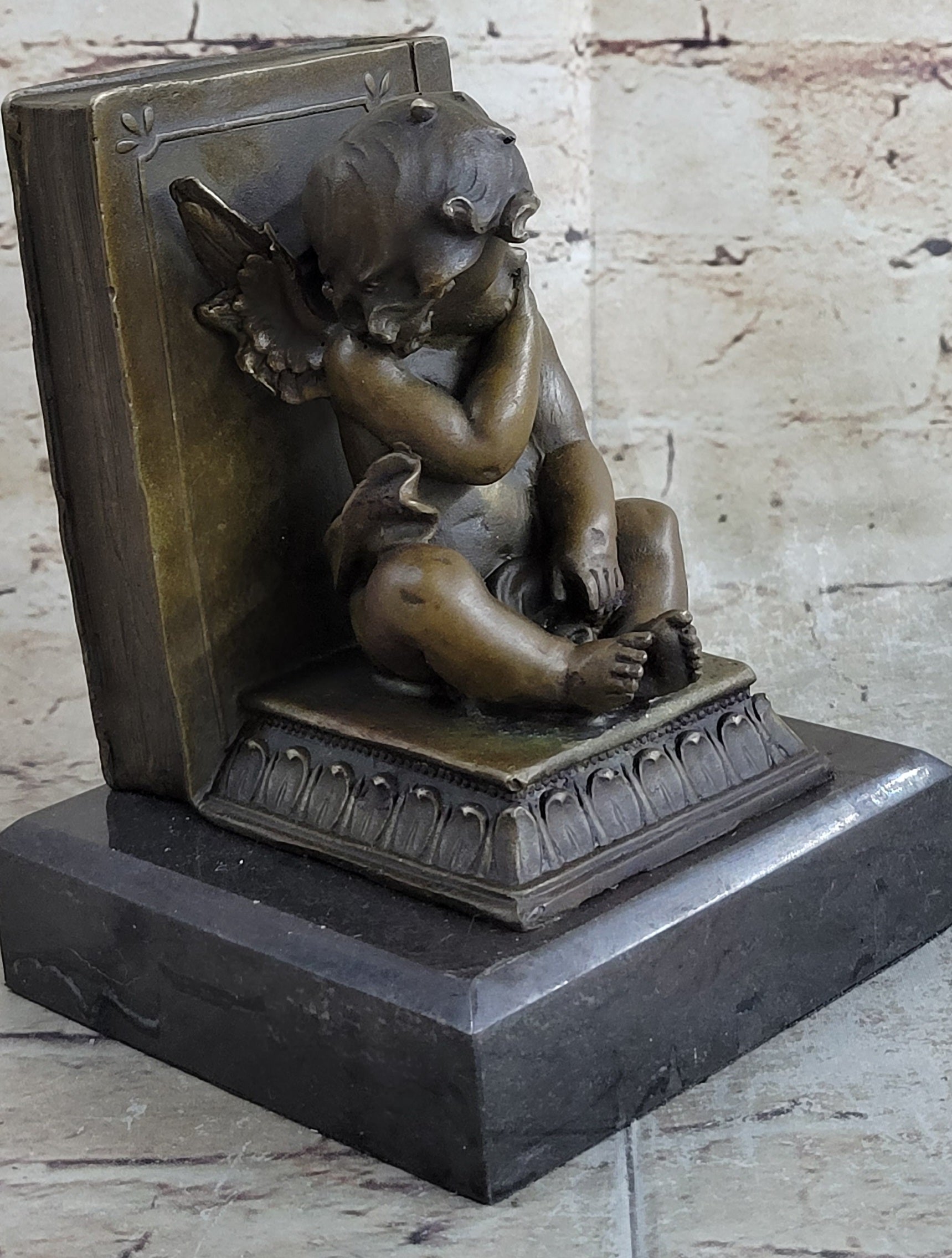 Signed Moreau Baby Angel Bookend Bronze Sculpture