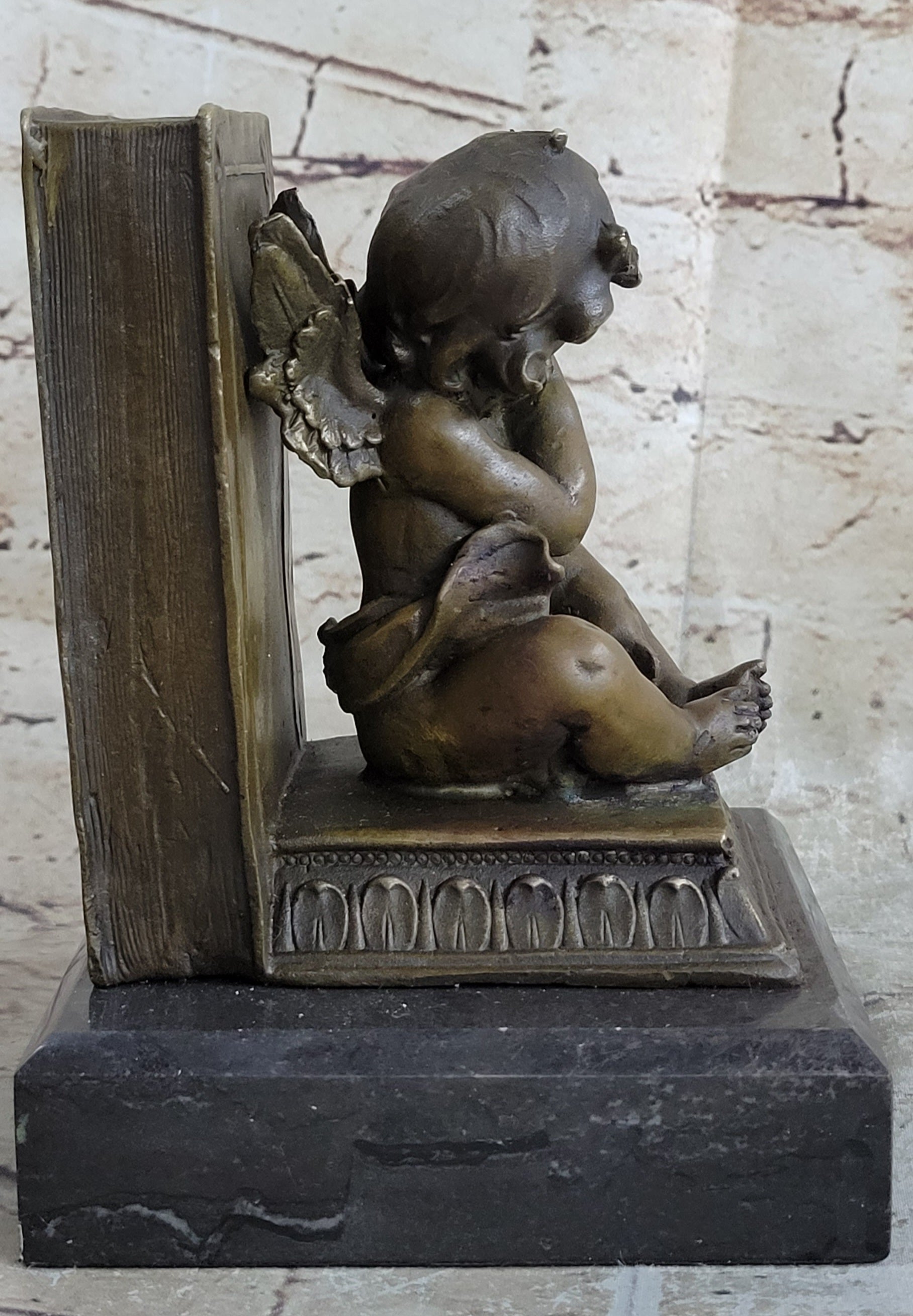 Signed Moreau Baby Angel Bookend Bronze Sculpture