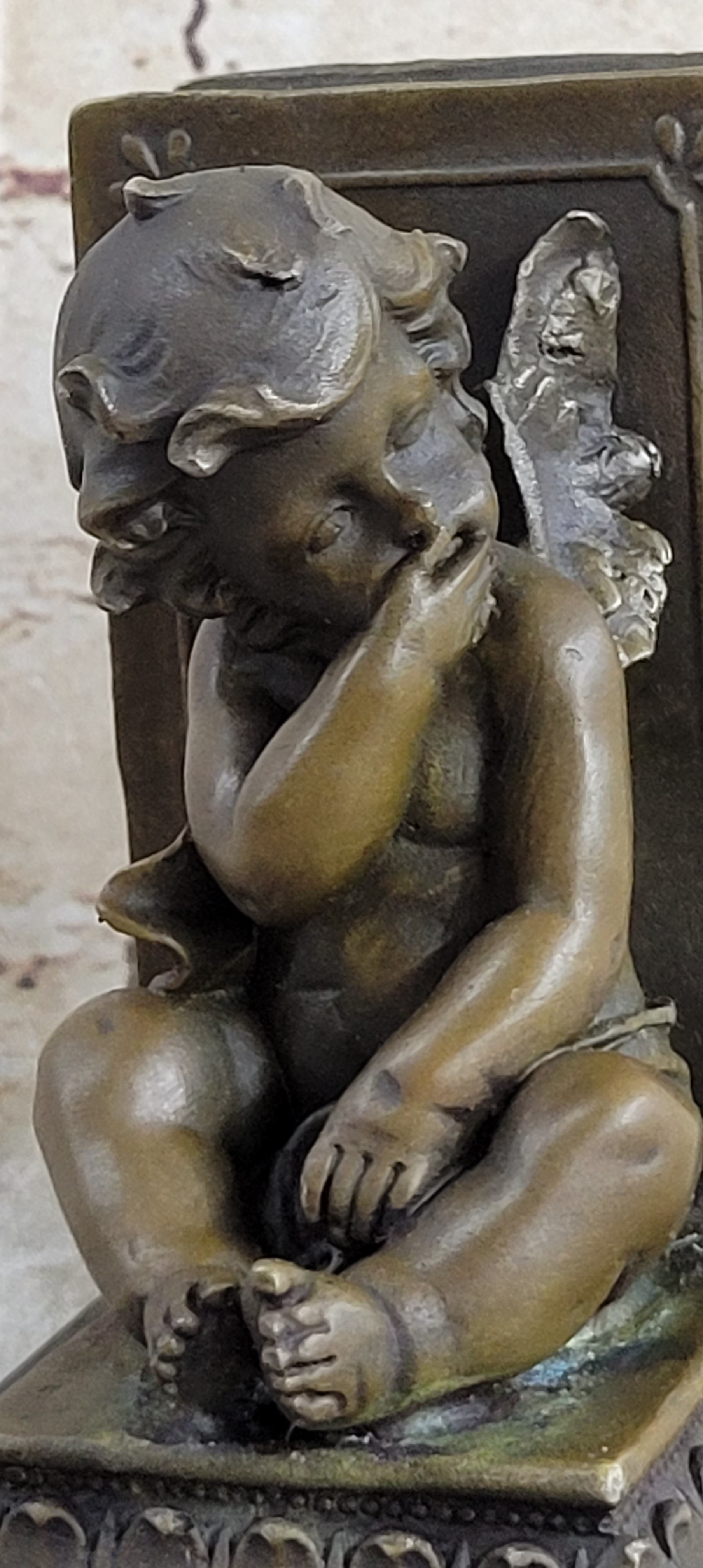Signed Moreau Baby Angel Bookend Bronze Sculpture