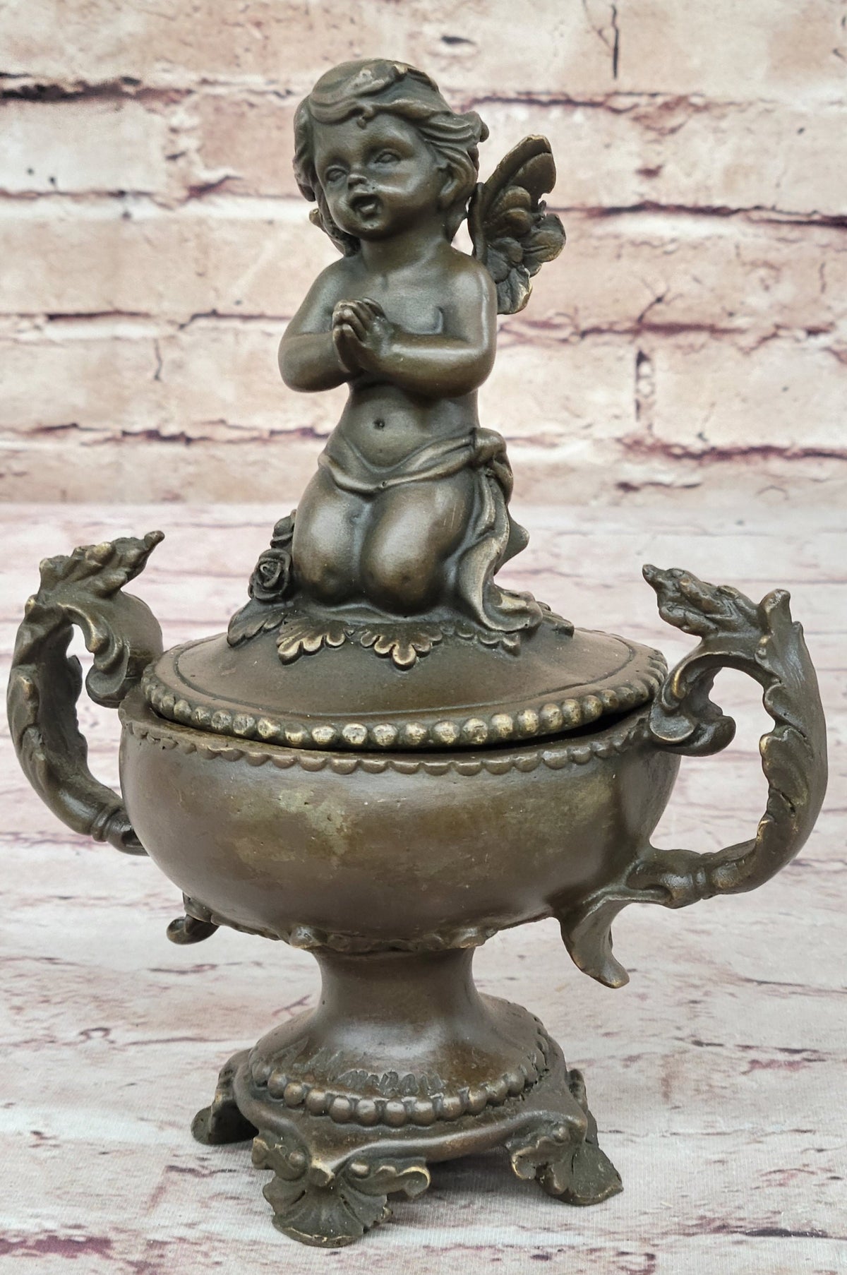 Baby Angel Praying Trinket Jewelry Box Bronze Sculpture
