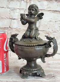 Bronze Cherub Urn Jewelry Trinket Box 8" x 6"