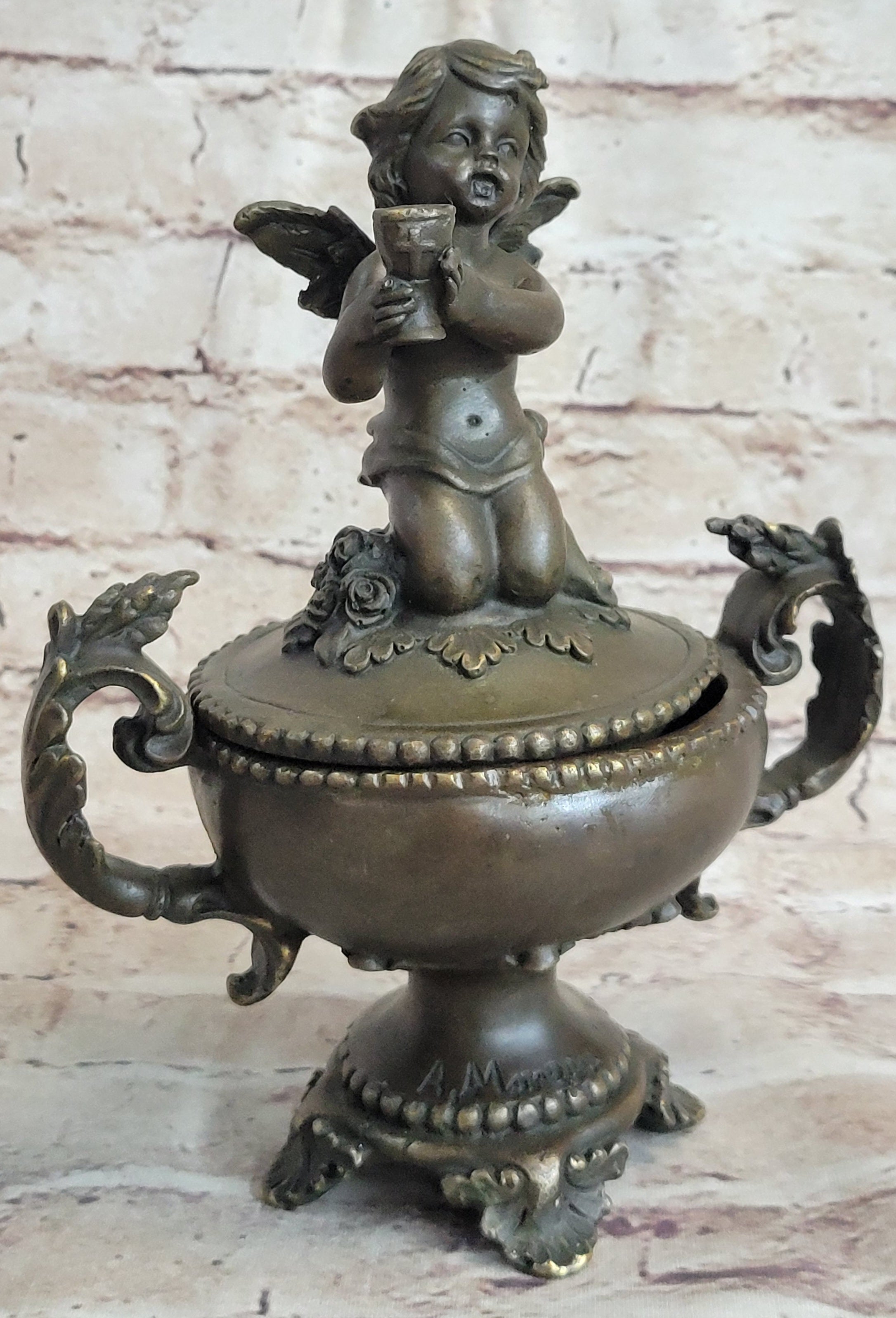 Bronze Cherub Urn Jewelry Trinket Box 8" x 6"