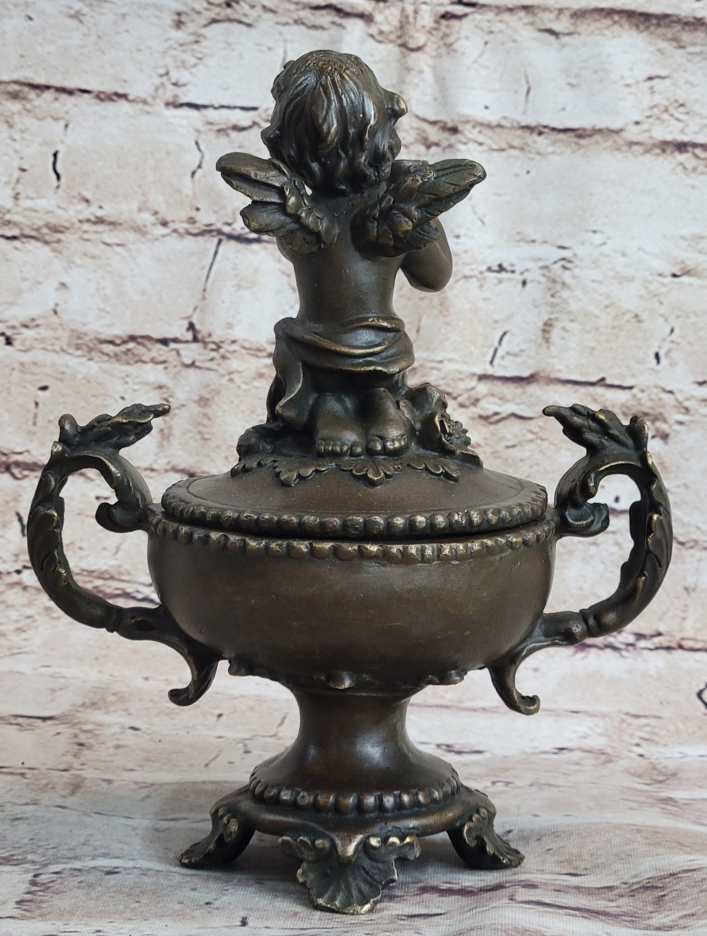 Bronze Cherub Urn Jewelry Trinket Box 8" x 6"