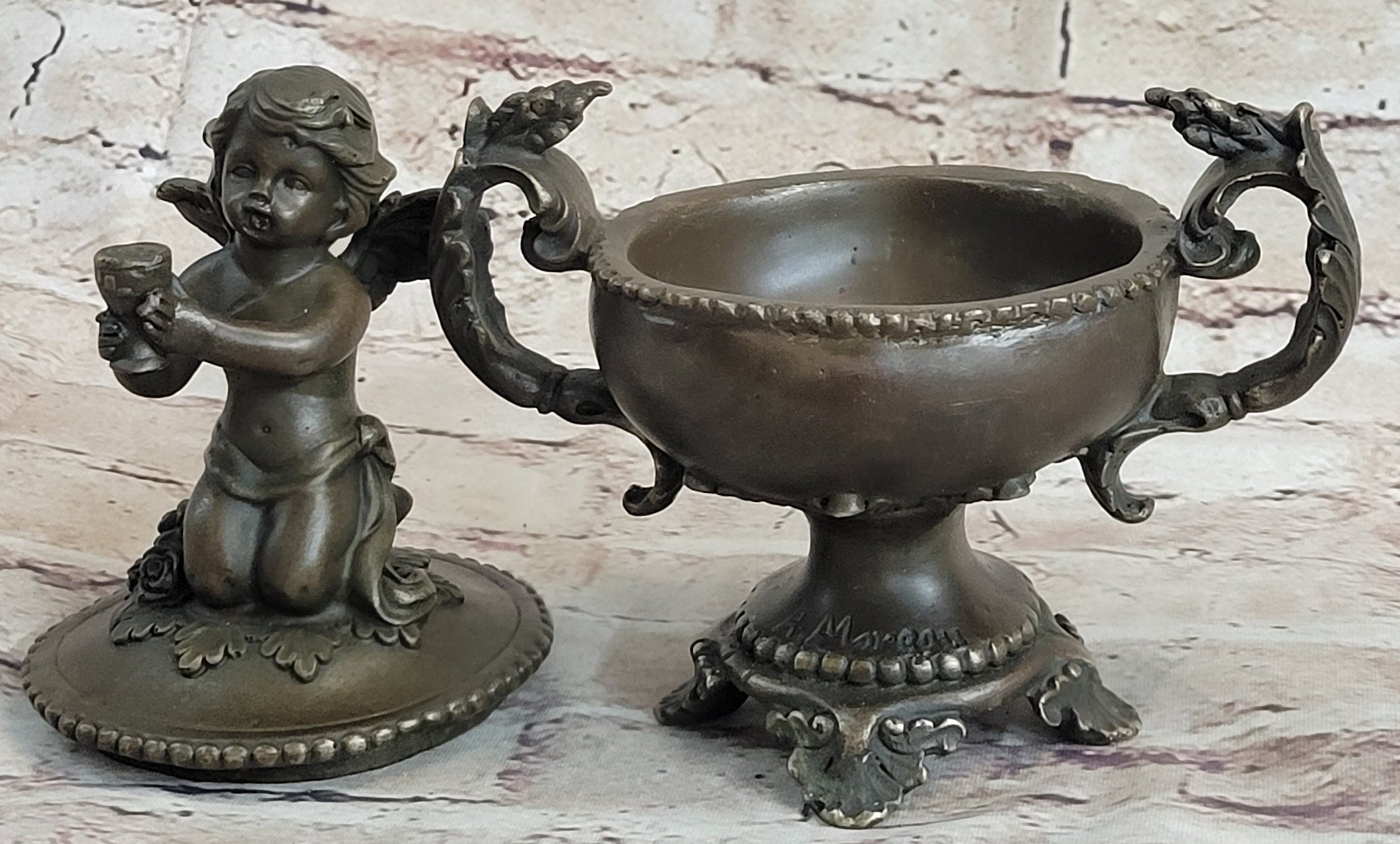 Bronze Cherub Urn Jewelry Trinket Box 8" x 6"