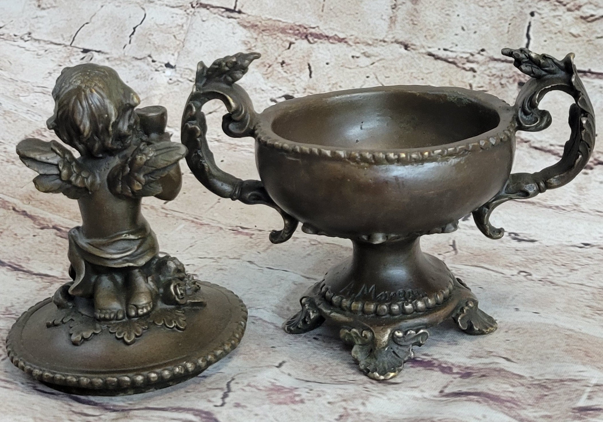 Bronze Cherub Urn Jewelry Trinket Box 8" x 6"