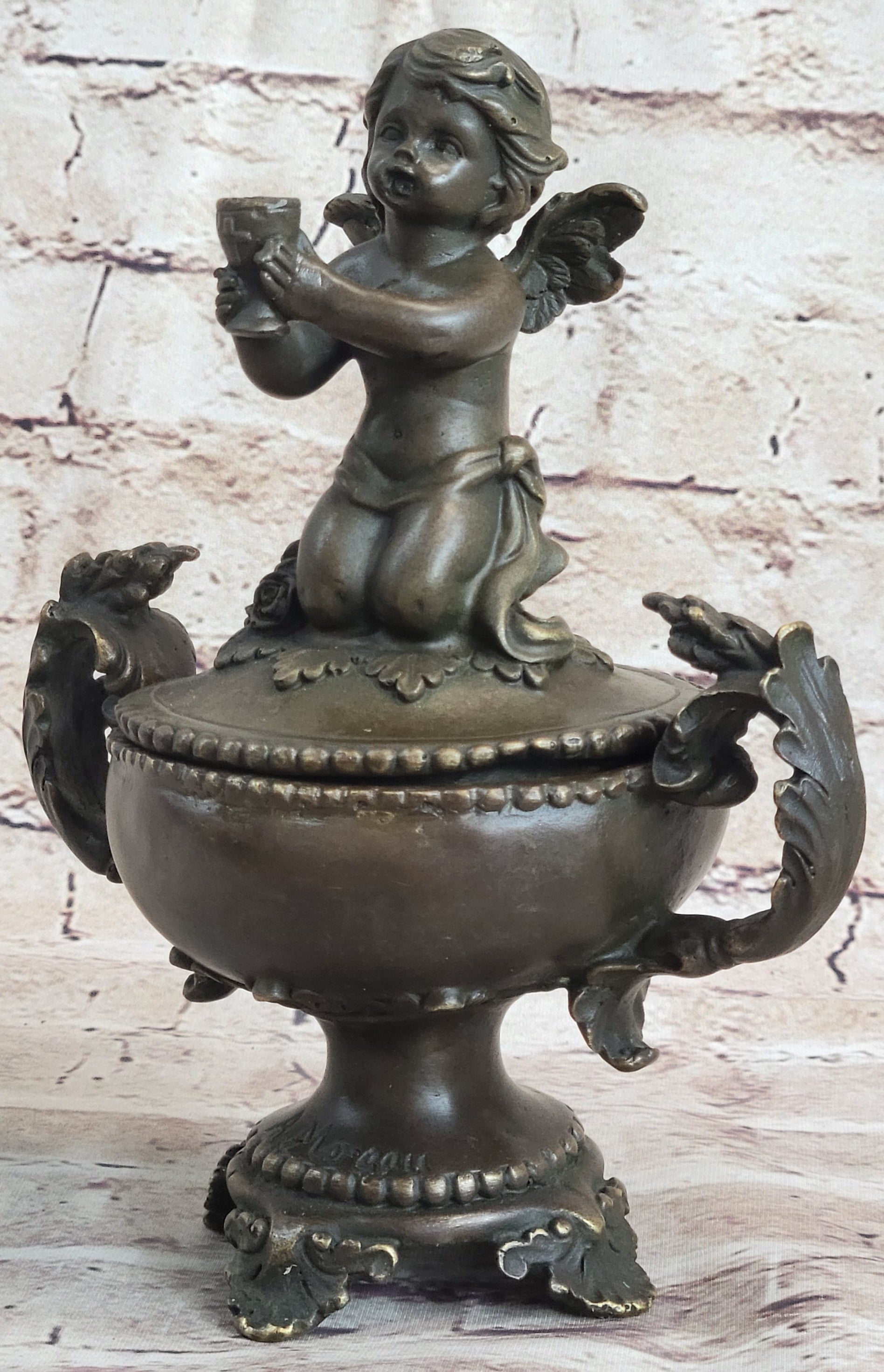 Bronze Cherub Urn Jewelry Trinket Box 8" x 6"