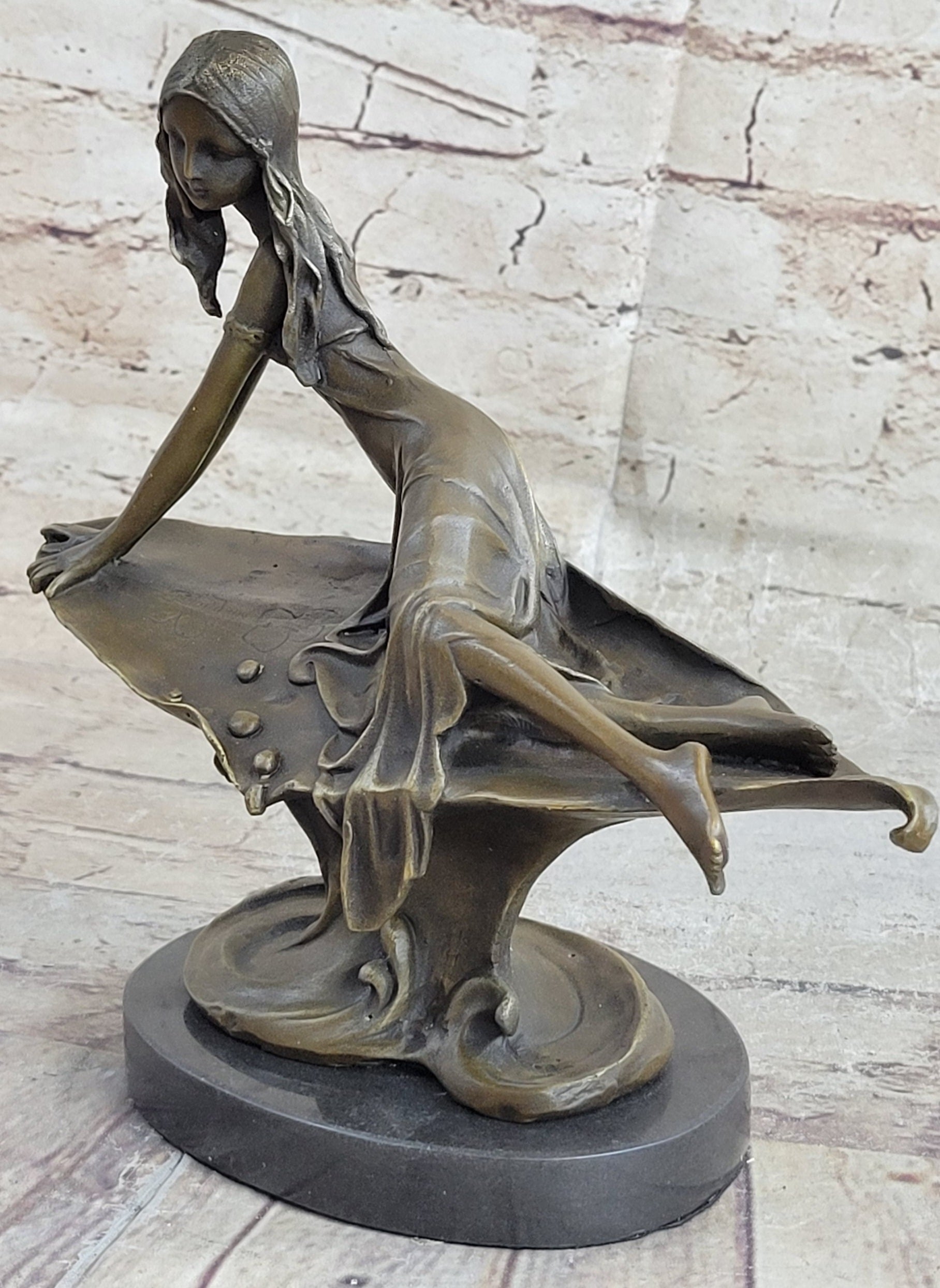 Bronze Sculpture of Young Girl on Marble Base by J. Mavchi