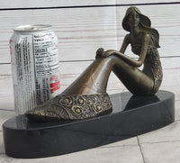 Young Woman in Floral Skirt Mermaid Effect Bronze Statue Sculpture Figure on Marble Base