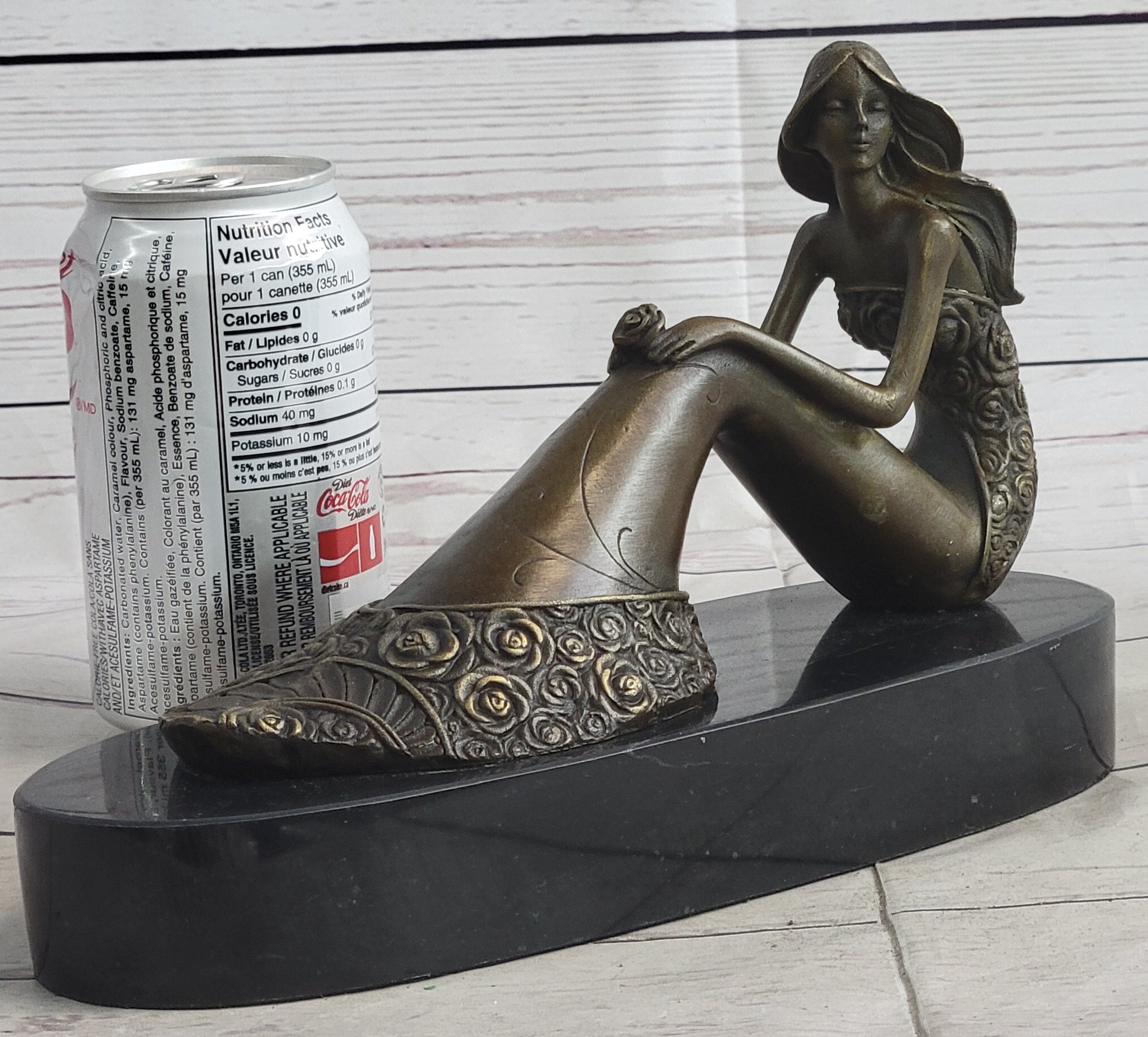 Young Woman in Floral Skirt Mermaid Effect Bronze Statue Sculpture Figure on Marble Base