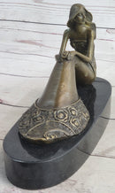 Young Woman in Floral Skirt Mermaid Effect Bronze Statue Sculpture Figure on Marble Base