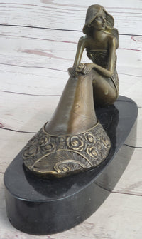 Young Woman in Floral Skirt Mermaid Effect Bronze Statue Sculpture Figure on Marble Base