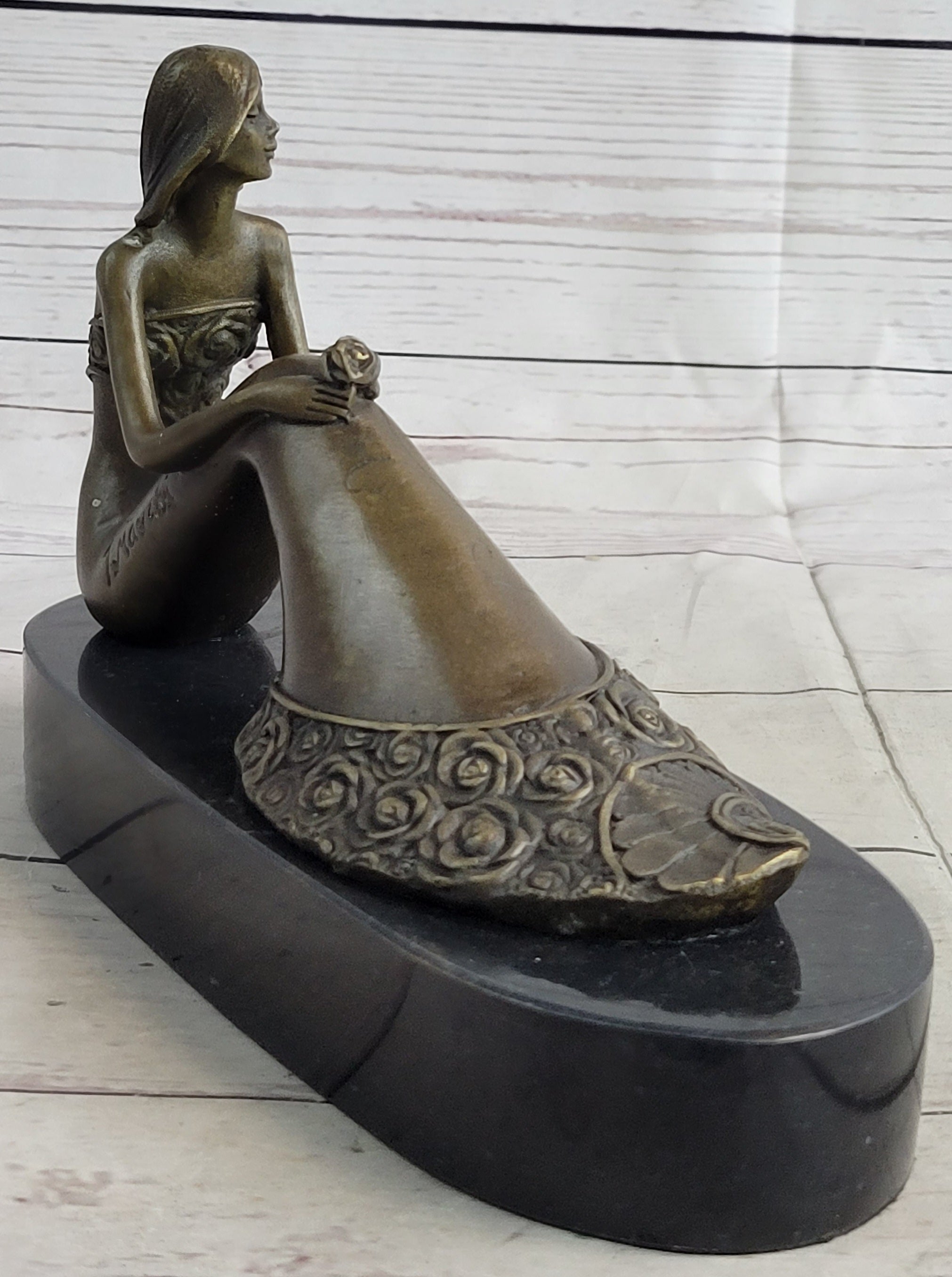 Young Woman in Floral Skirt Mermaid Effect Bronze Statue Sculpture Figure on Marble Base