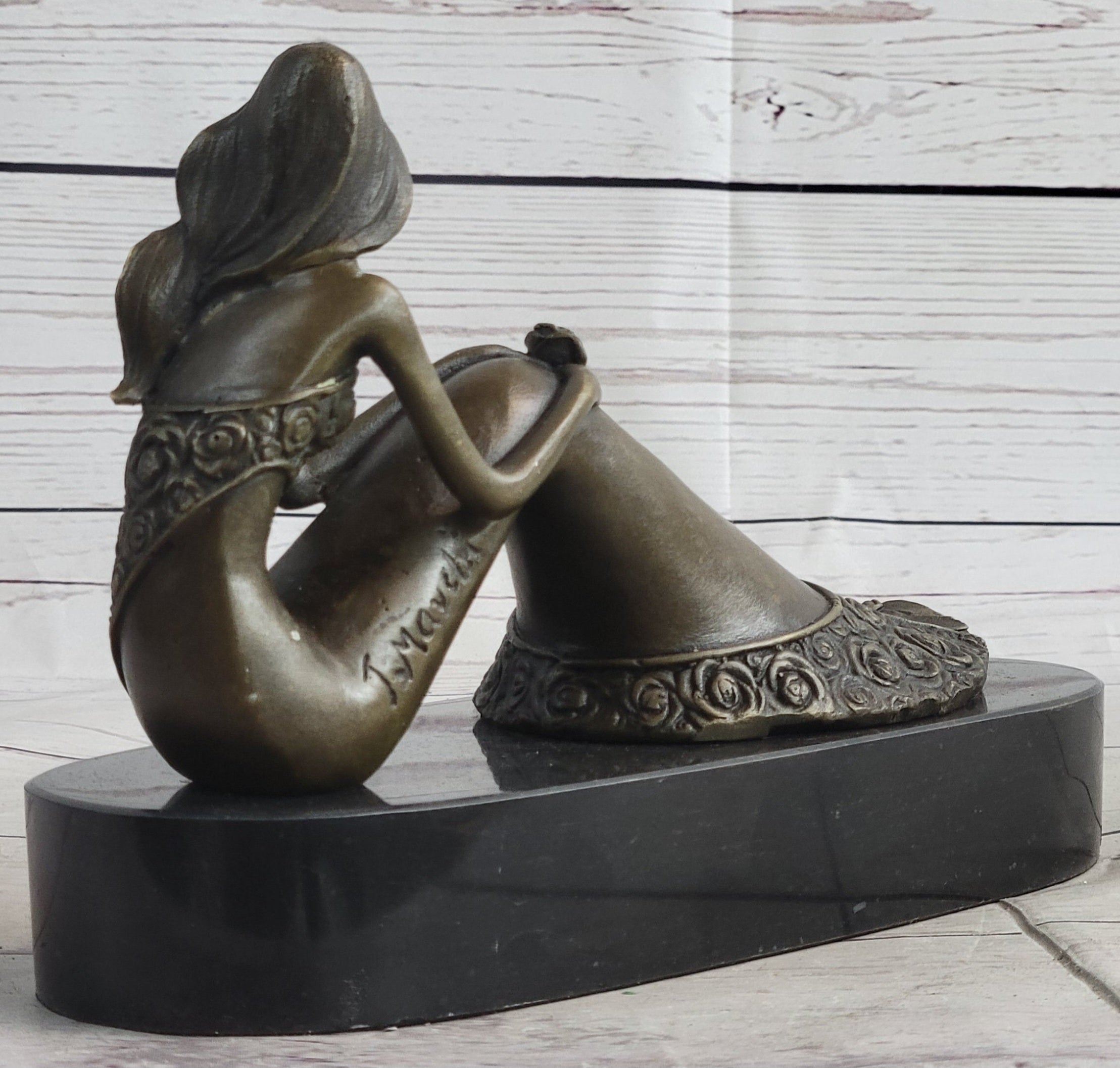 Young Woman in Floral Skirt Mermaid Effect Bronze Statue Sculpture Figure on Marble Base