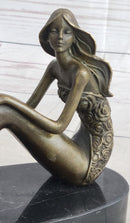 Young Woman in Floral Skirt Mermaid Effect Bronze Statue Sculpture Figure on Marble Base