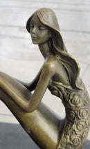Young Woman in Floral Skirt Mermaid Effect Bronze Statue Sculpture Figure on Marble Base