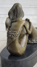 Young Woman in Floral Skirt Mermaid Effect Bronze Statue Sculpture Figure on Marble Base