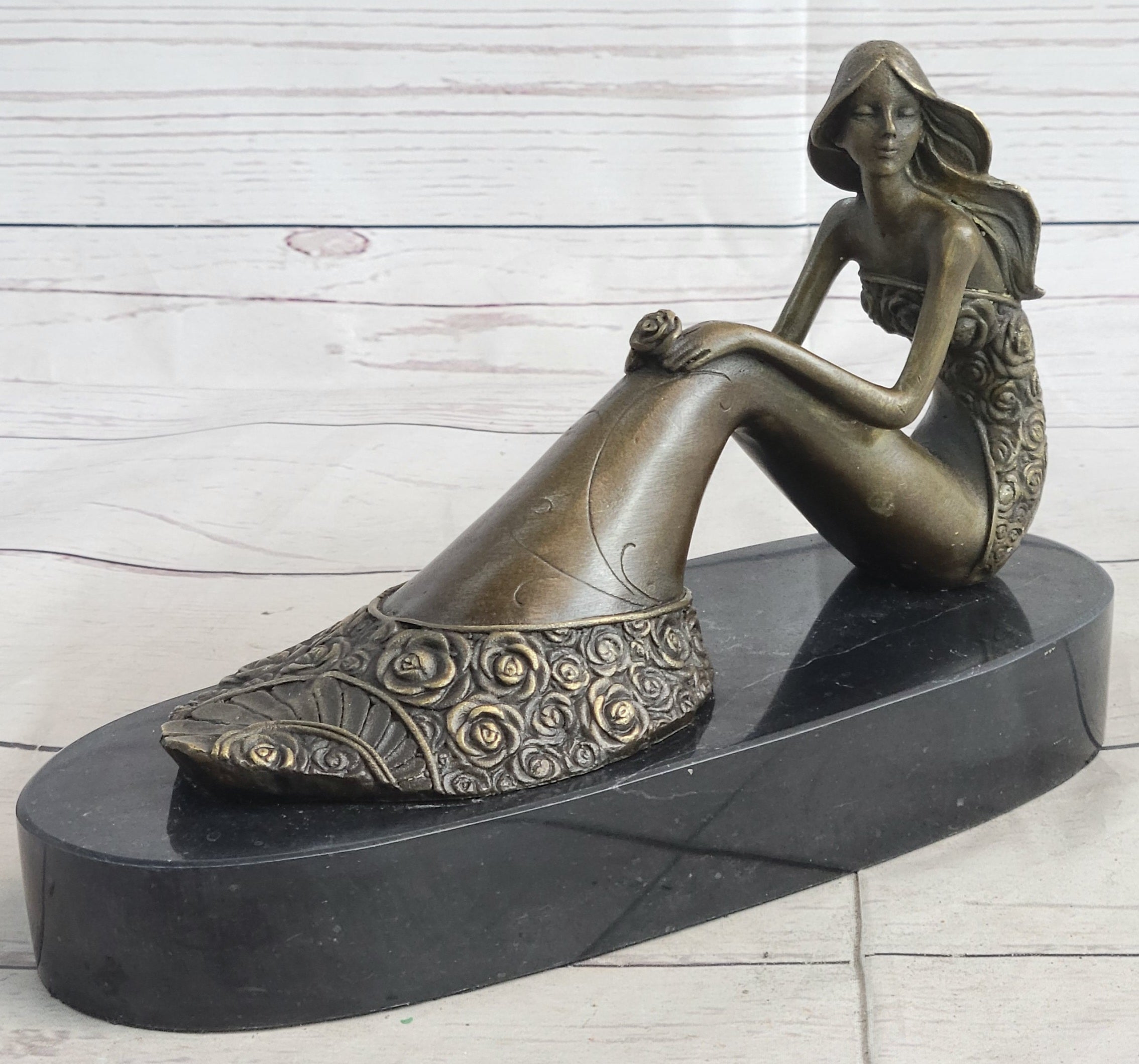 Young Woman in Floral Skirt Mermaid Effect Bronze Statue Sculpture Figure on Marble Base