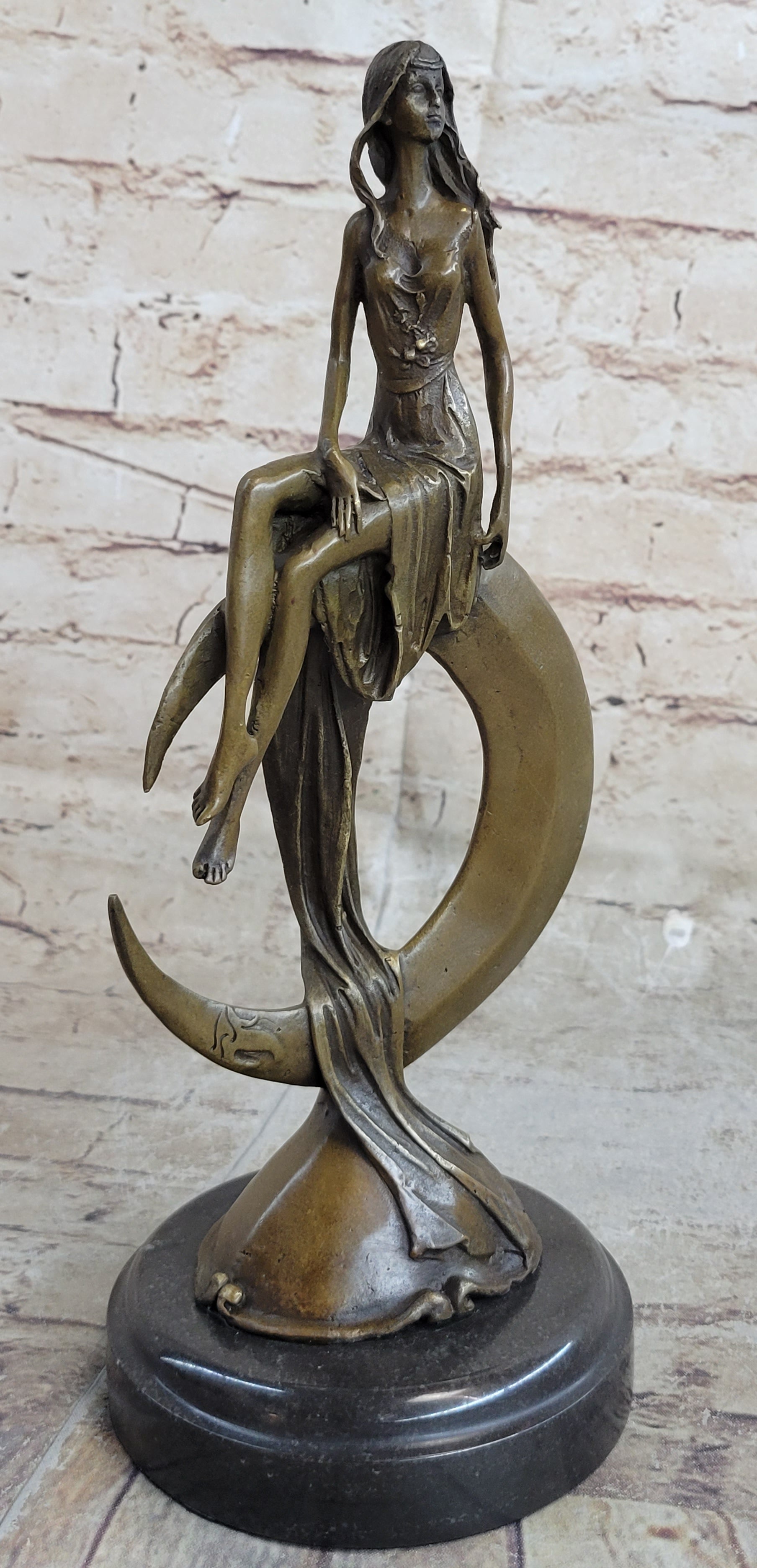 Signed Mavchi Venus on the Moon Bronze Sculpture Marble Base