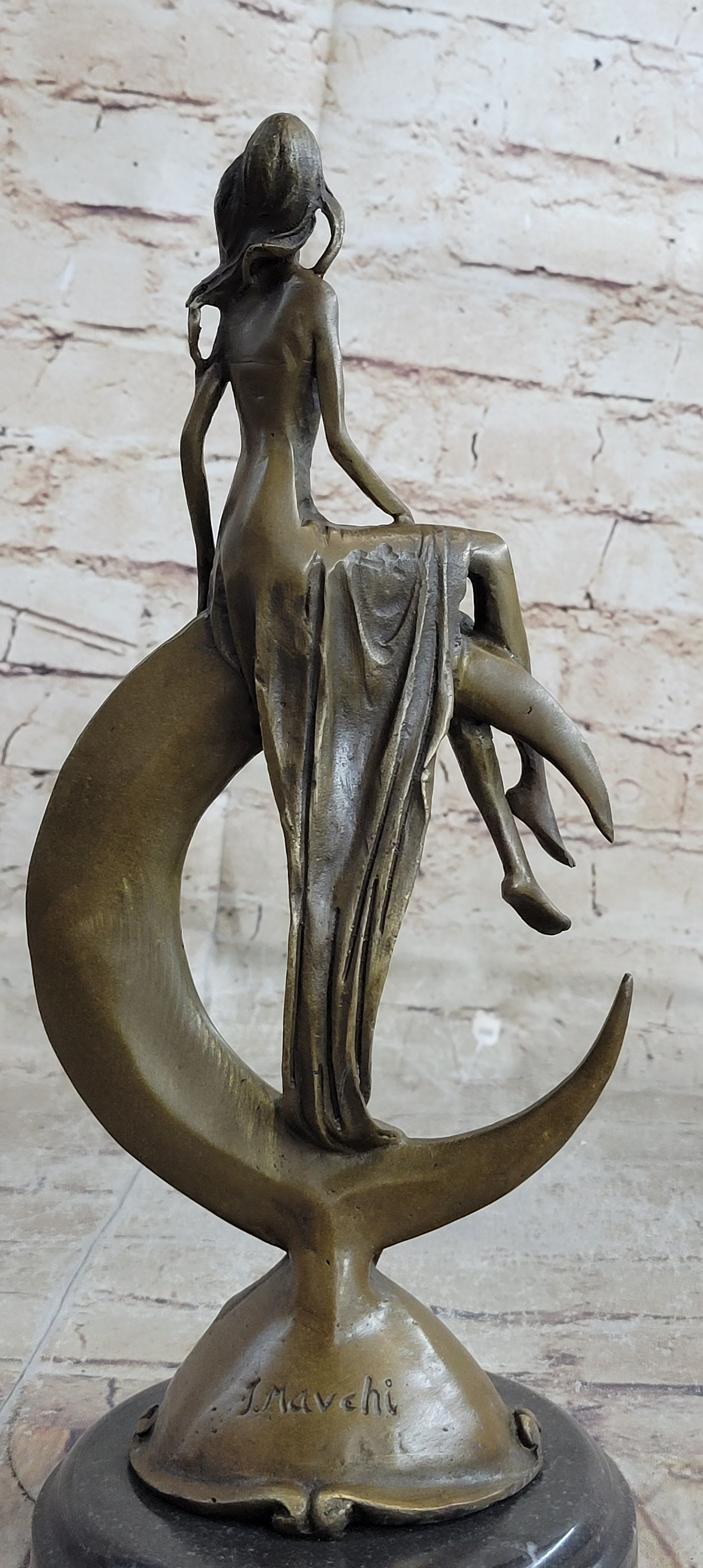 Signed Mavchi Venus on the Moon Bronze Sculpture Marble Base