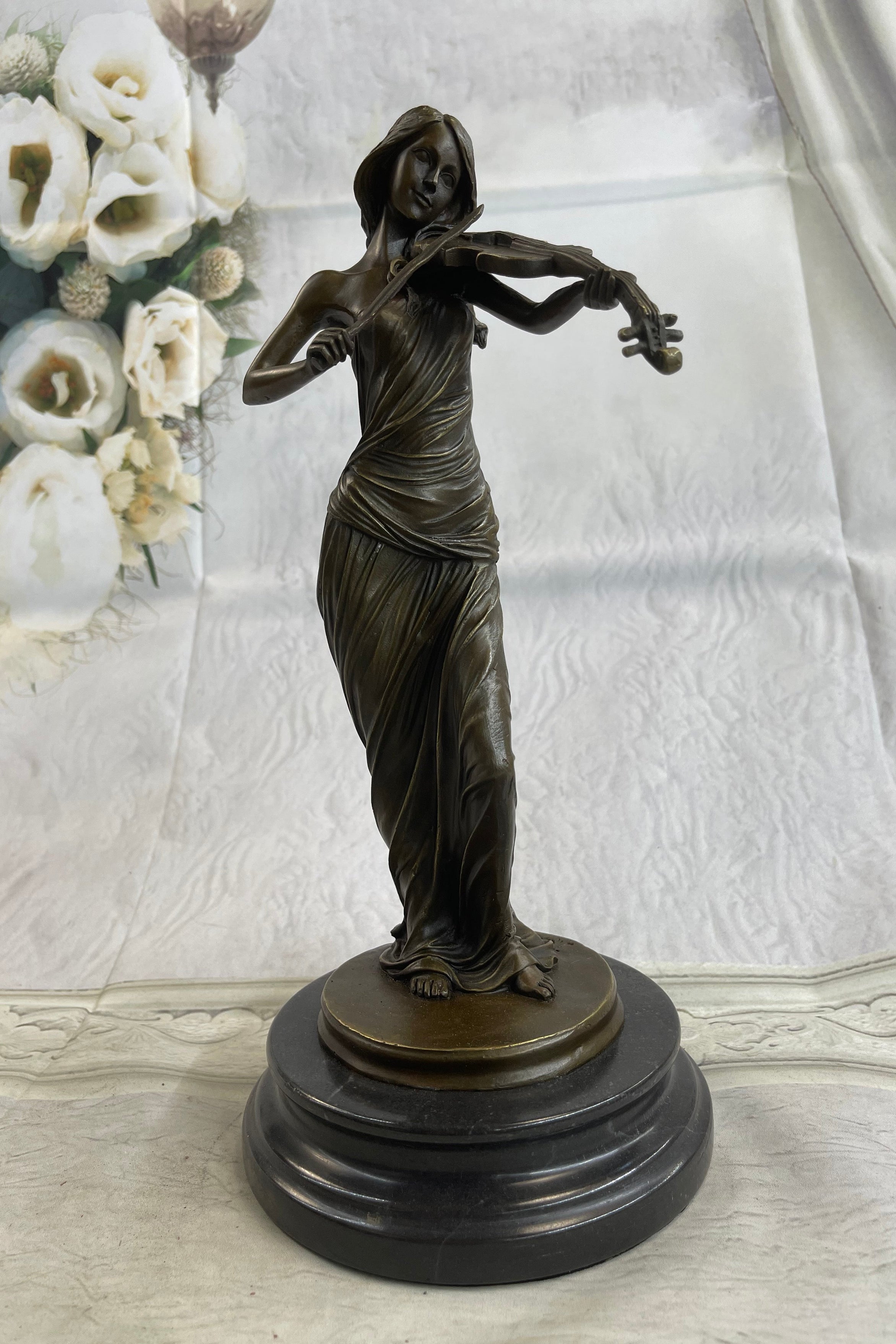 Brown Patina Bronze Violin Player Marble Sculpture
