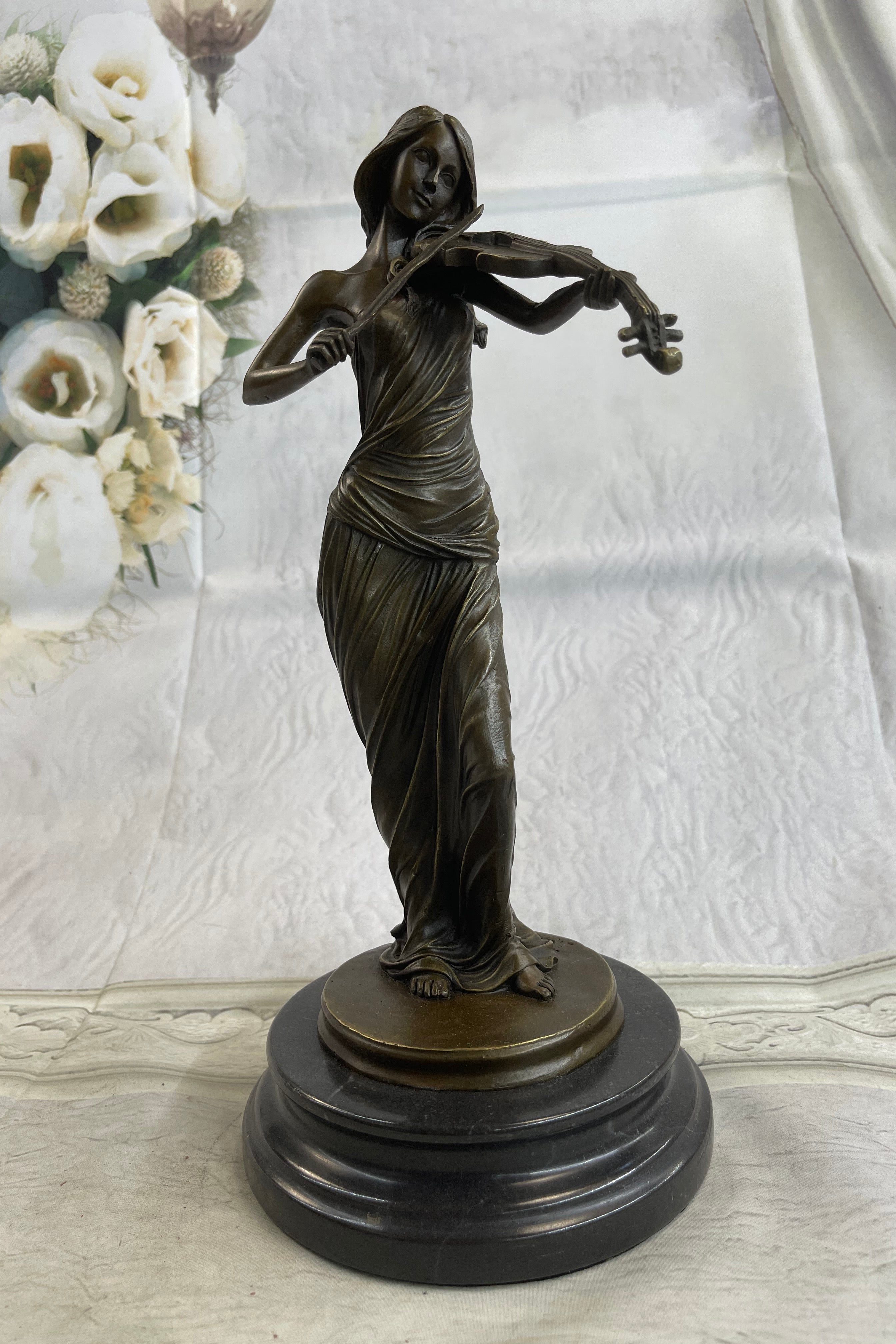Brown Patina Bronze Violin Player Marble Sculpture