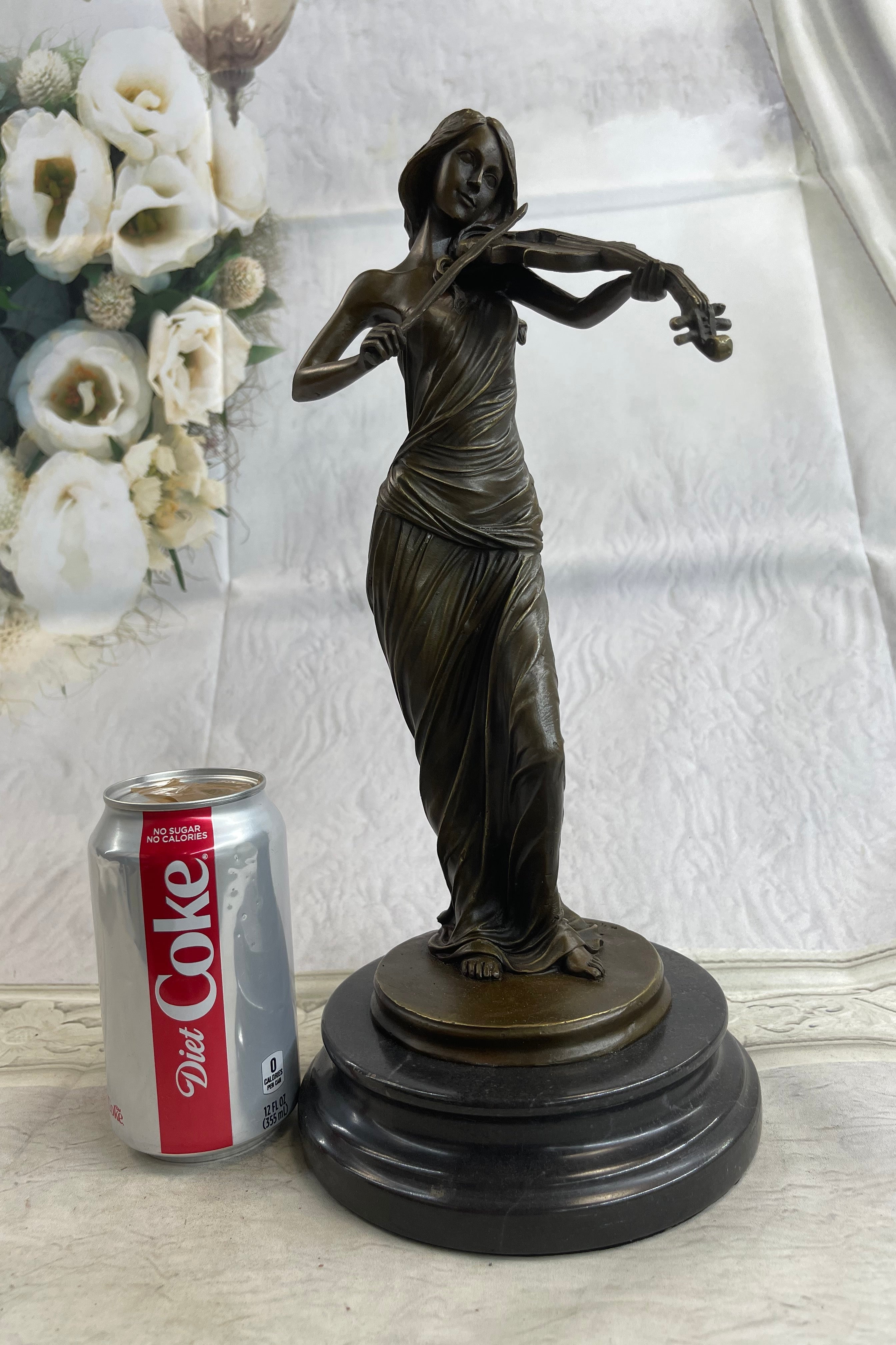 Brown Patina Bronze Violin Player Marble Sculpture