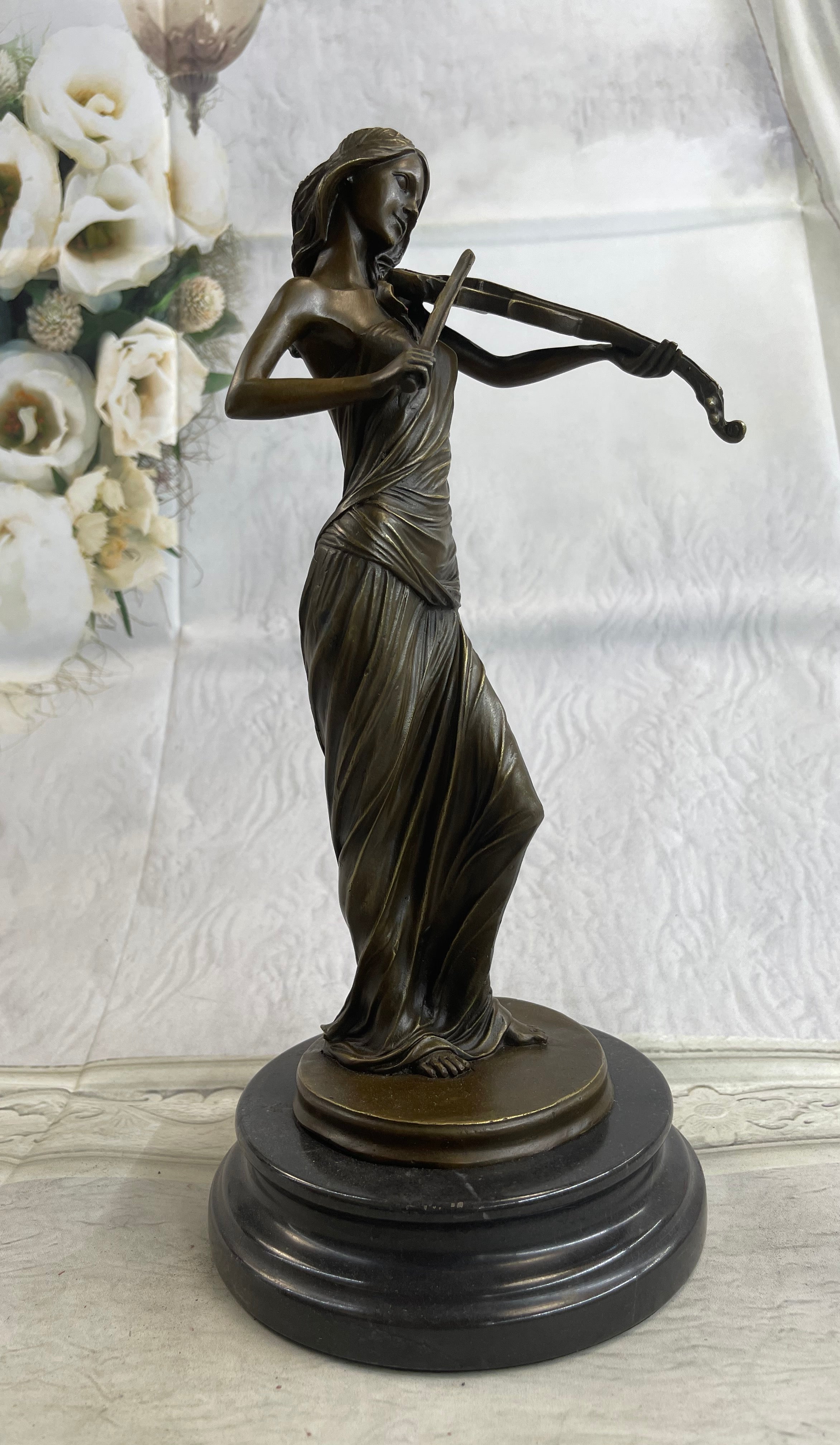 Brown Patina Bronze Violin Player Marble Sculpture
