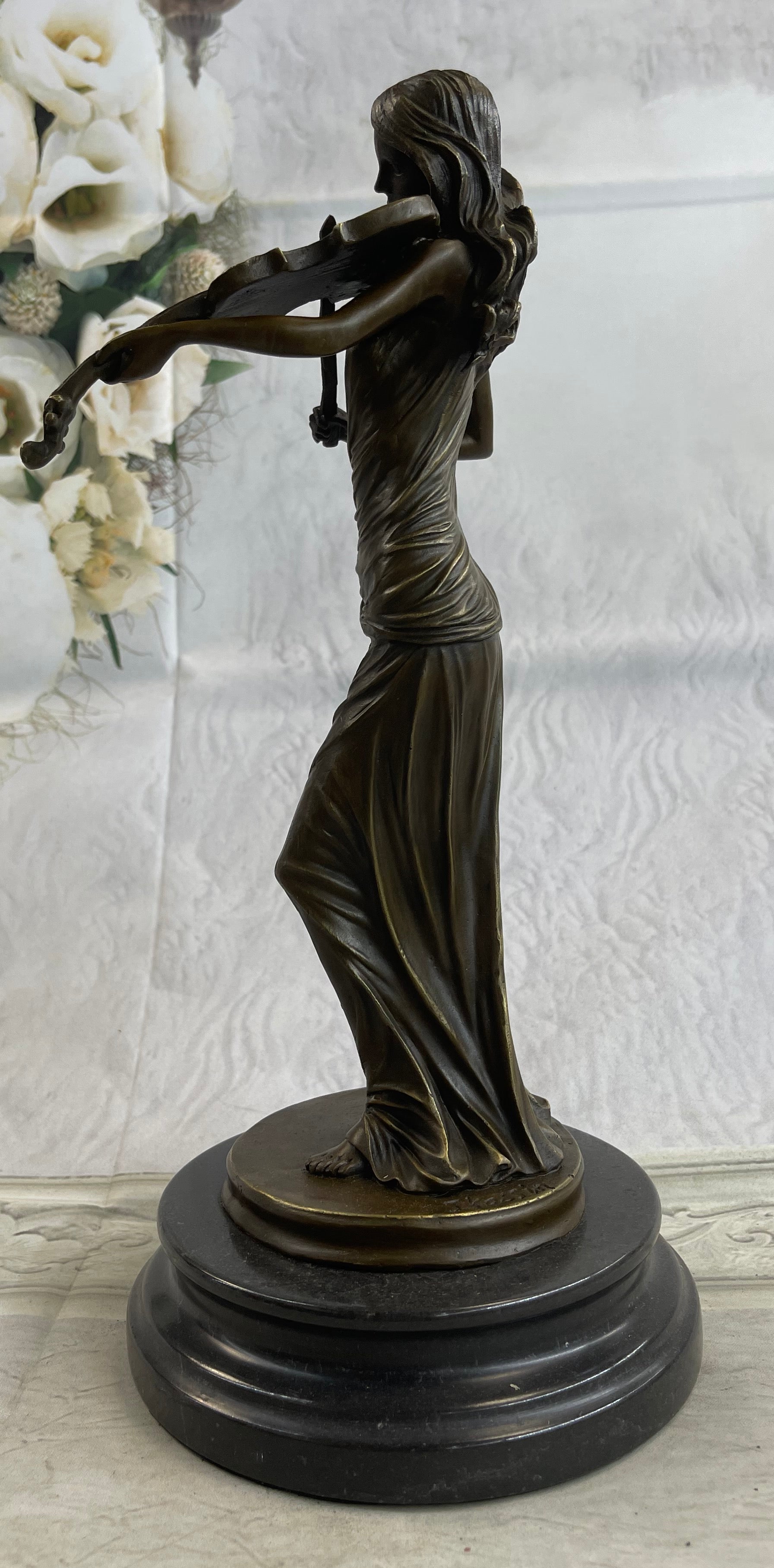 Brown Patina Bronze Violin Player Marble Sculpture
