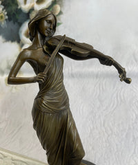 Brown Patina Bronze Violin Player Marble Sculpture
