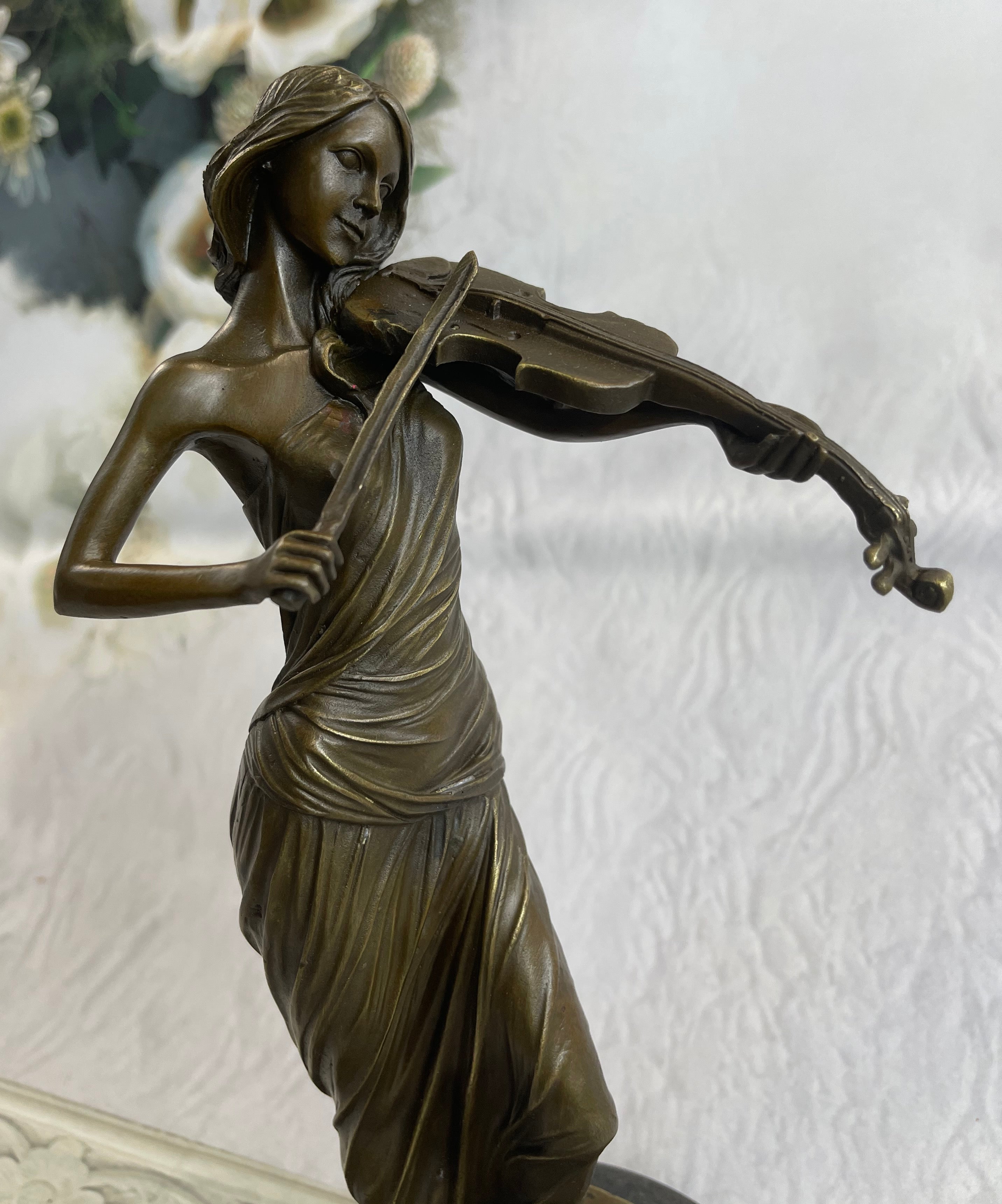 Brown Patina Bronze Violin Player Marble Sculpture