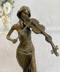 Brown Patina Bronze Violin Player Marble Sculpture