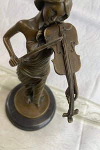 Brown Patina Bronze Violin Player Marble Sculpture