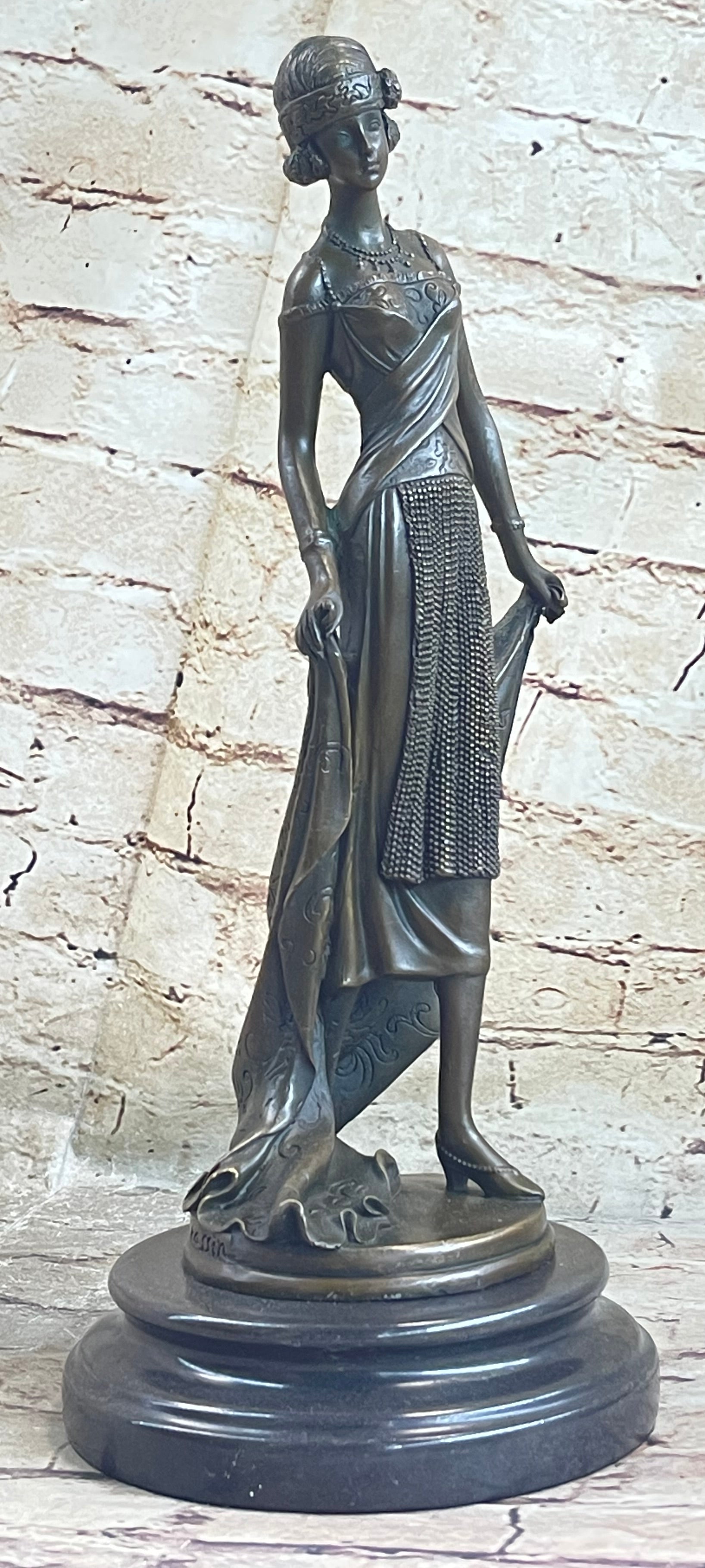 High Society Lady Poised Elegant Bronze Sculpture Marble Base